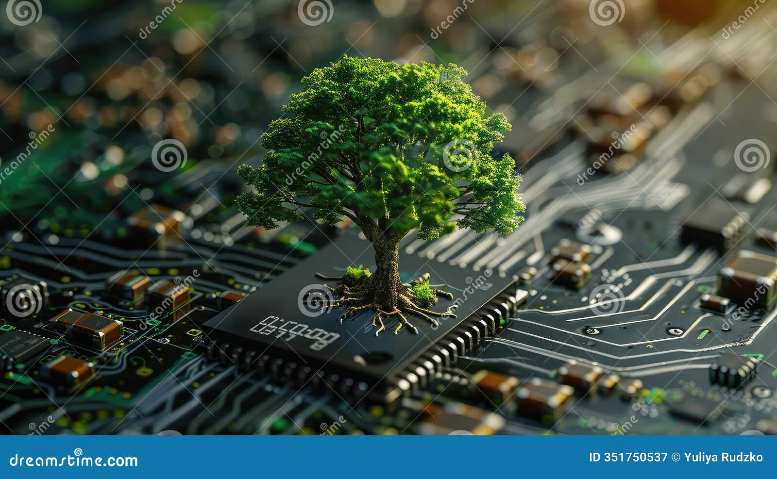digital nature fusion - tree growing on circuit board, izing green technology