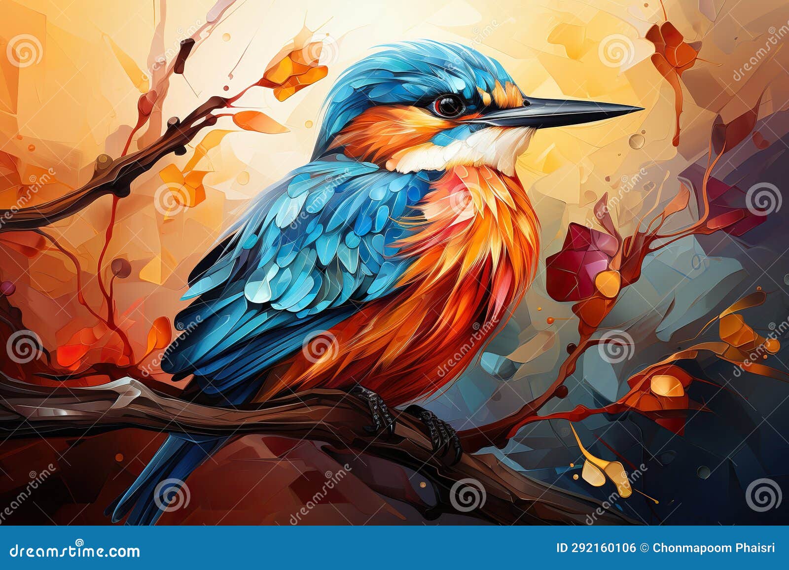 digital painting of a kingfisher bird sitting on a branch in autumn generative ai generative ai