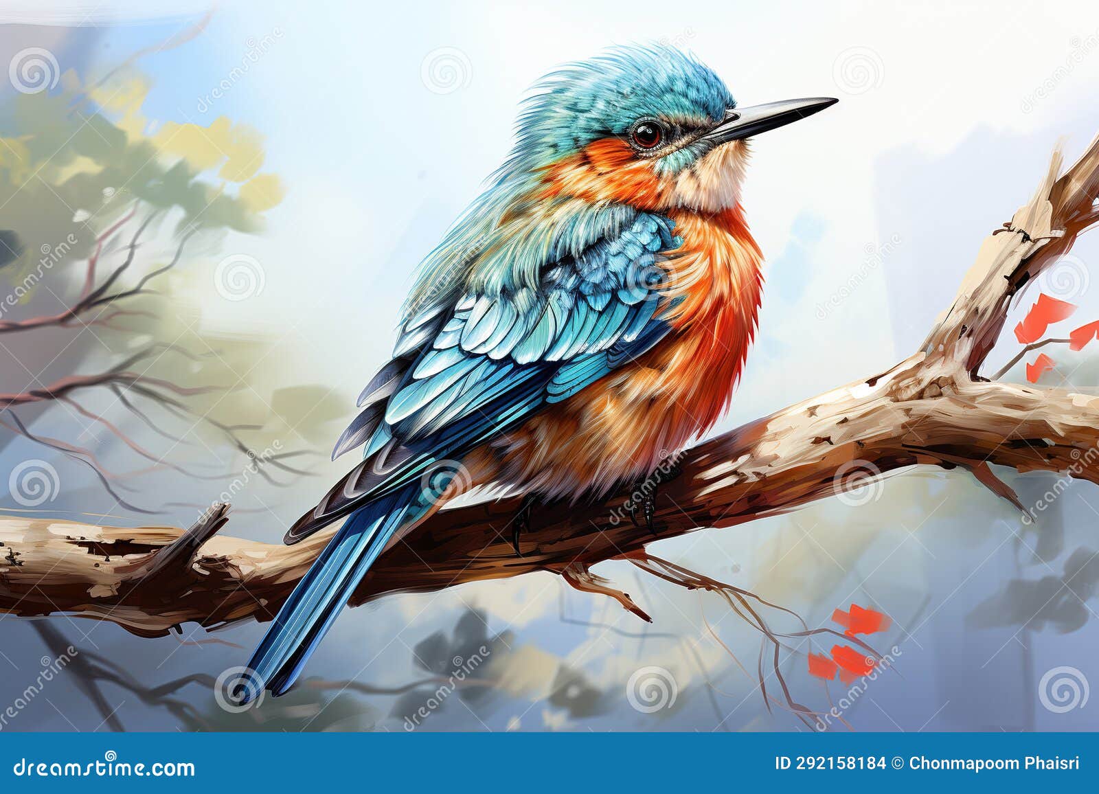 digital painting of a kingfisher sitting on a tree branch. ai generated generative ai