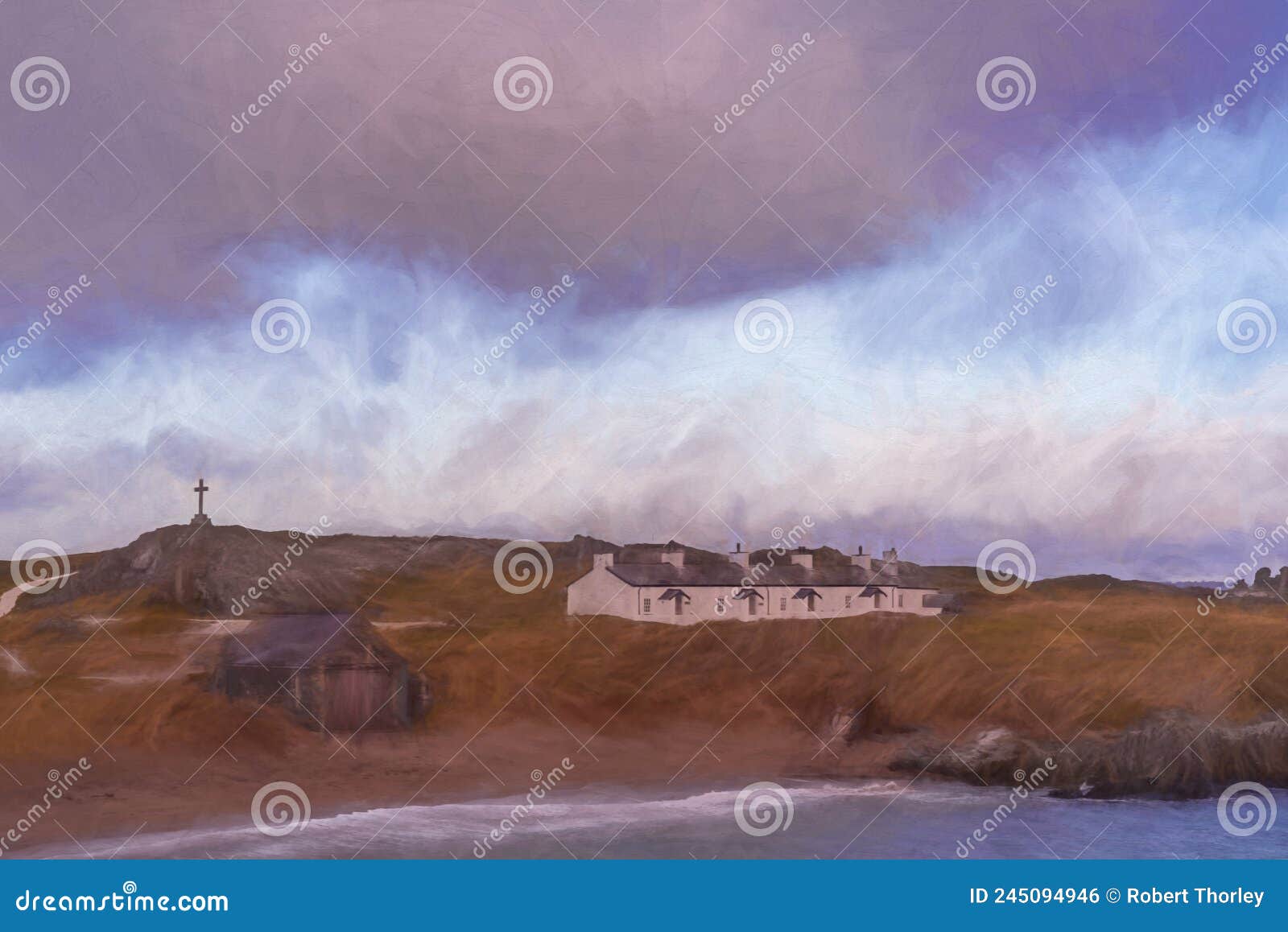 digital painting of the pilot`s cottages and cross at ynys llanddwyn on anglesey, north wales