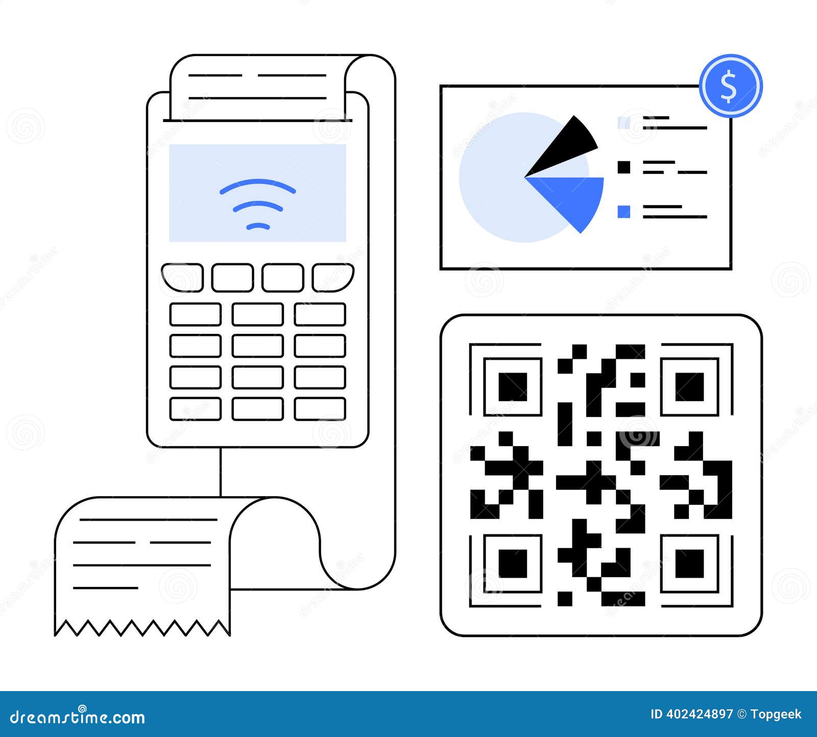 Digital Payment Terminal with Receipt, QR Code, and Data Analytics Screen  Stock Vector - Illustration of technology, connection: 402424897