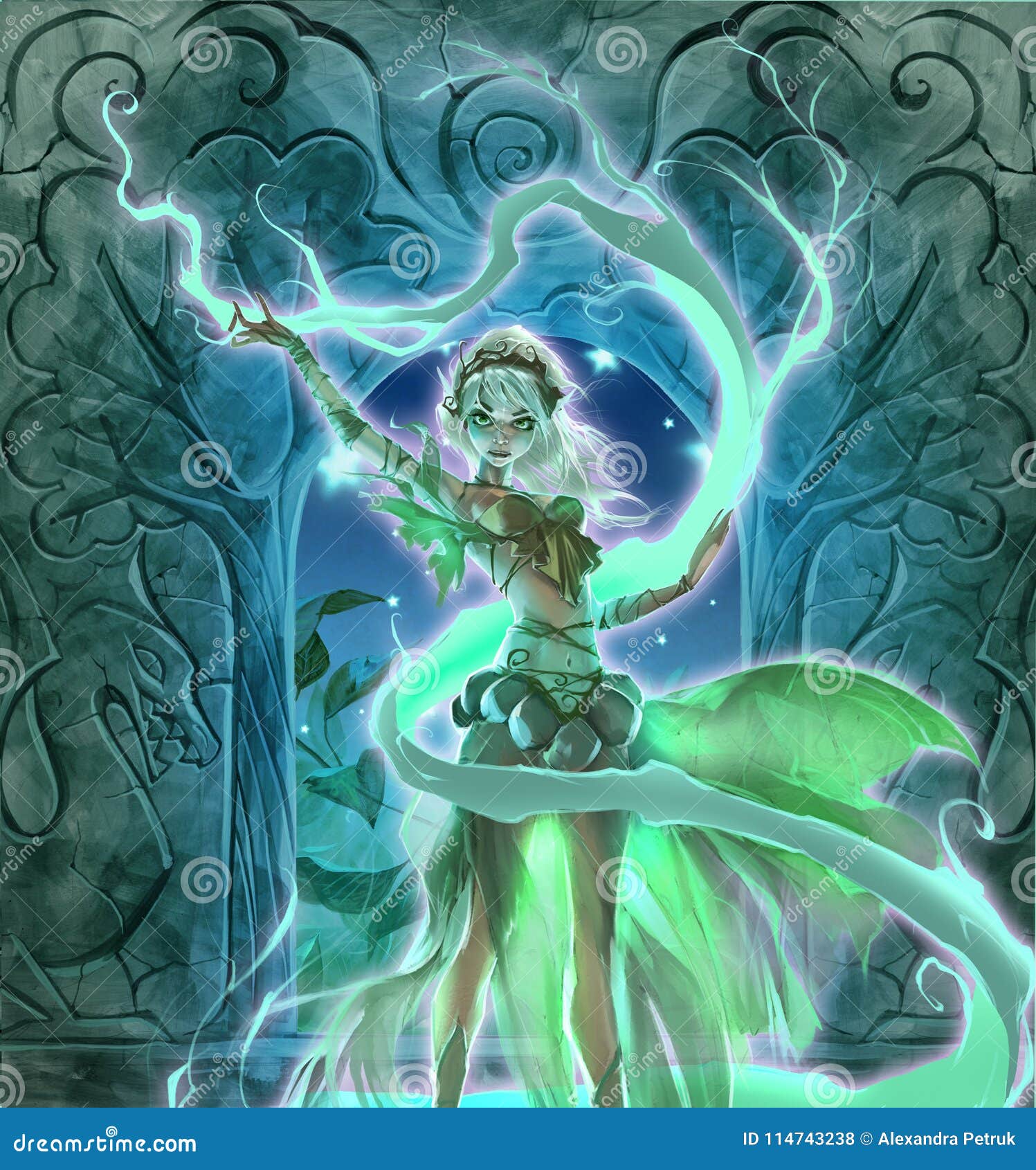 Colorful Digital Illustration of an Elegant Elf Girl Perfoming Magic - Illustration of young, elegant: 114743238
