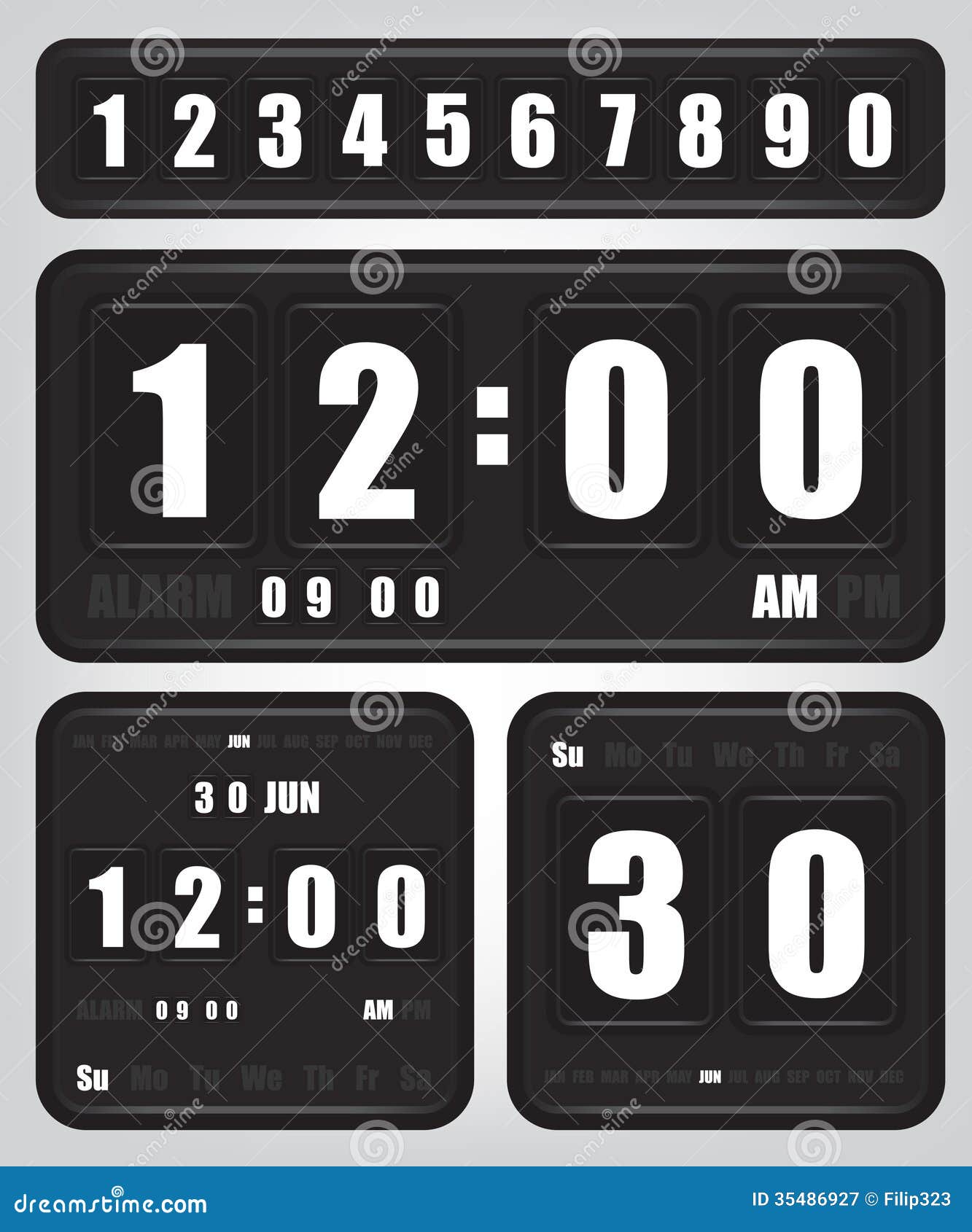 Digital Retro Clock and Calendar Stock Vector Illustration of black