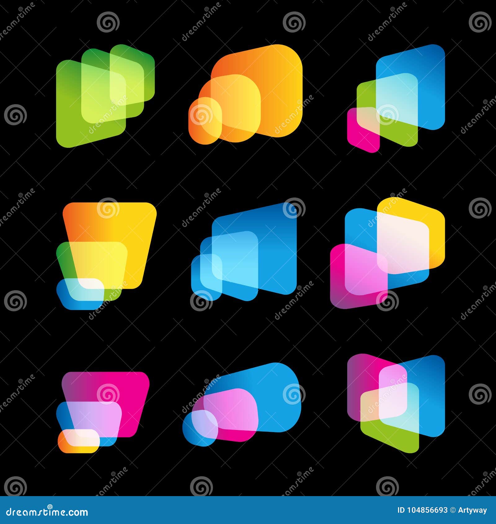 digital screen of mobile device, bright  logo set. multitasking systems, big data bases, abstract forms, logo