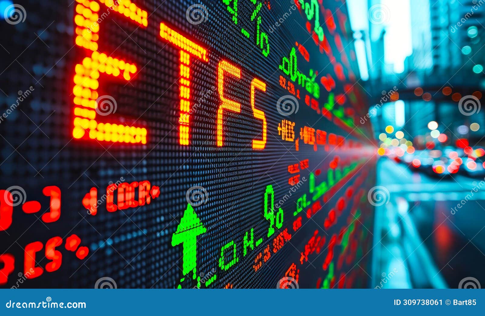 digital screen showcasing etfs exchange traded funds performance with dynamic green arrows indicating growth in the stock
