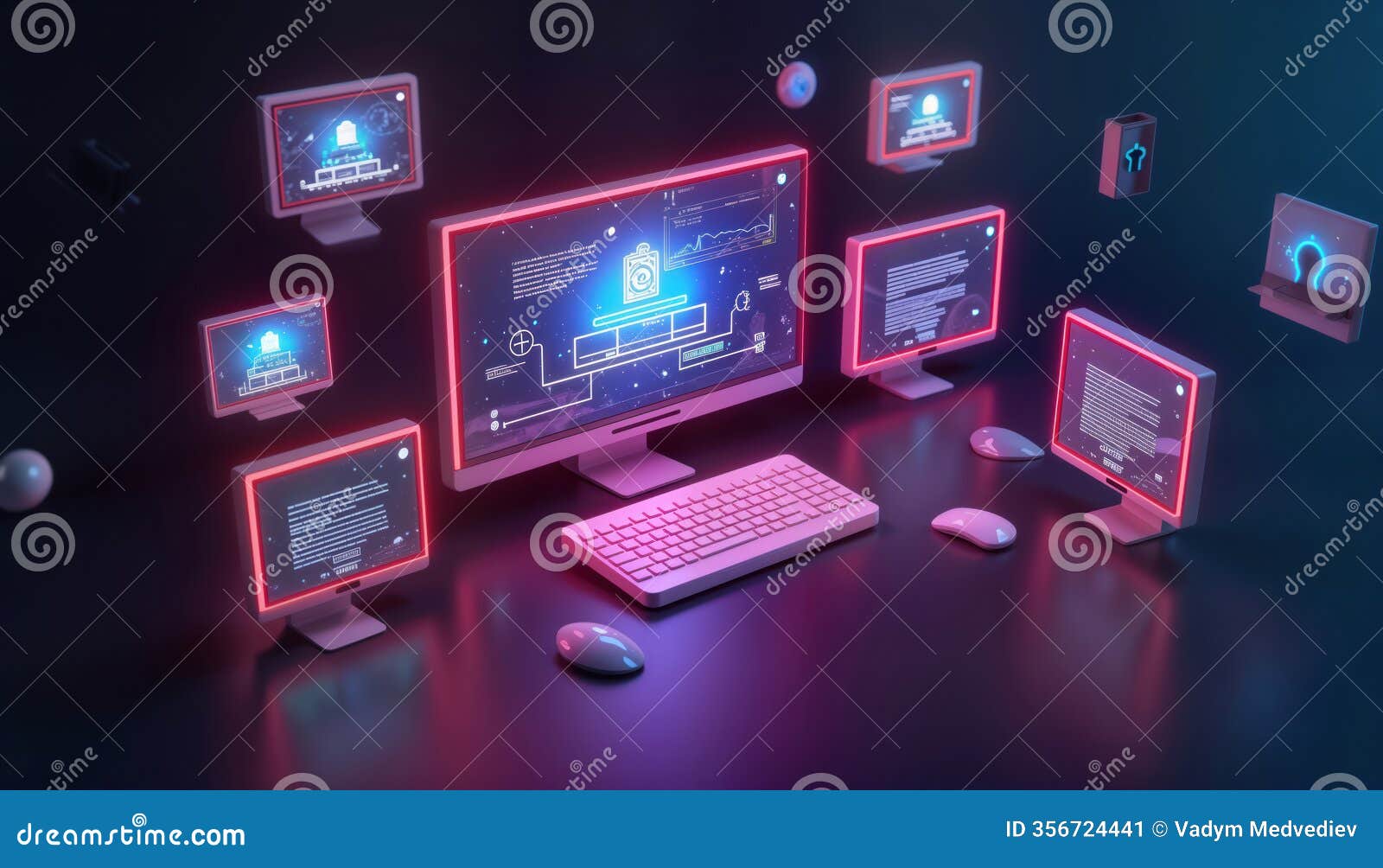 Digital Screens Showcase Web Page Modules Assembling on Display. Modern ...