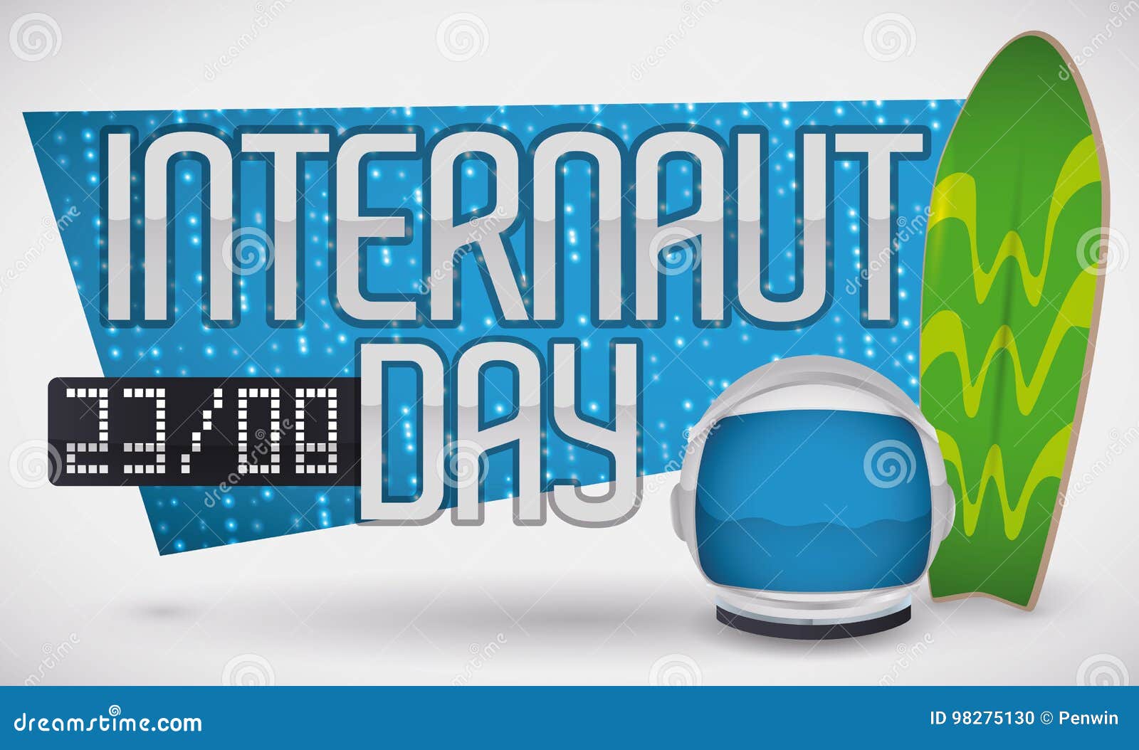 digital sign, surfboard and astronaut helmet for internaut day,  