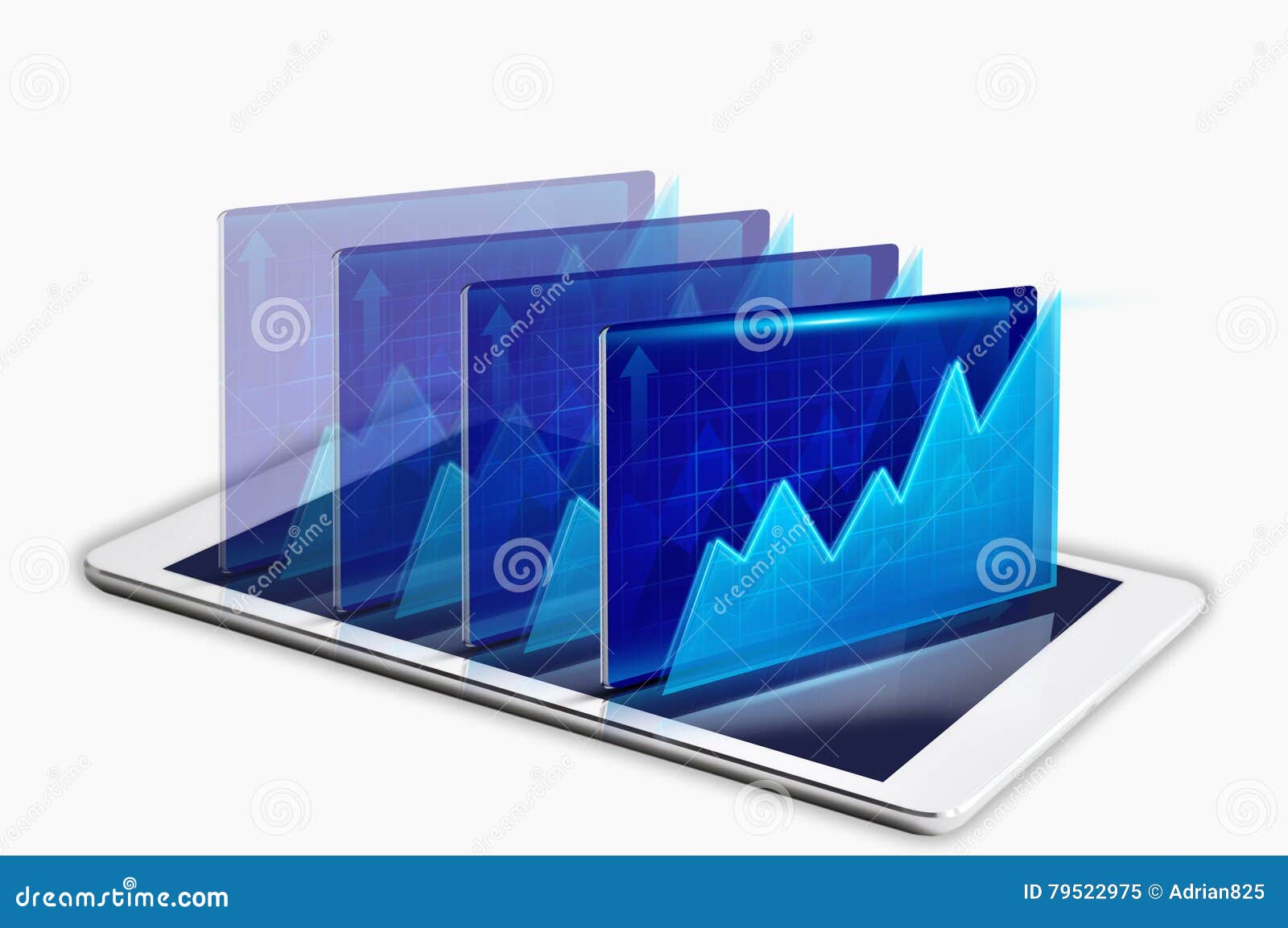 digital tablet with financial reports on white background