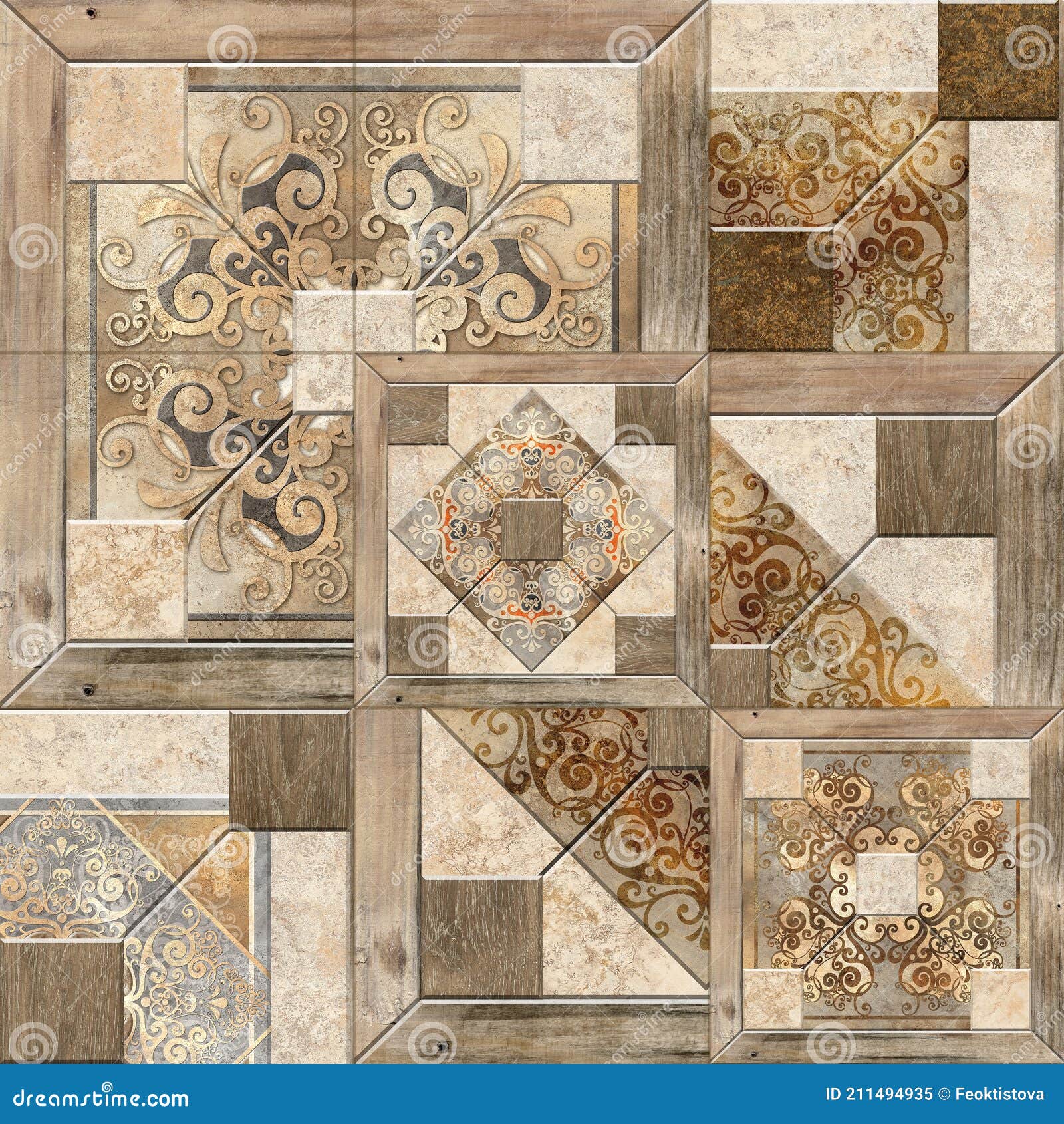 3D Render Ceramic Wall Tiles Decoration. Abstract Damask Patchwork
