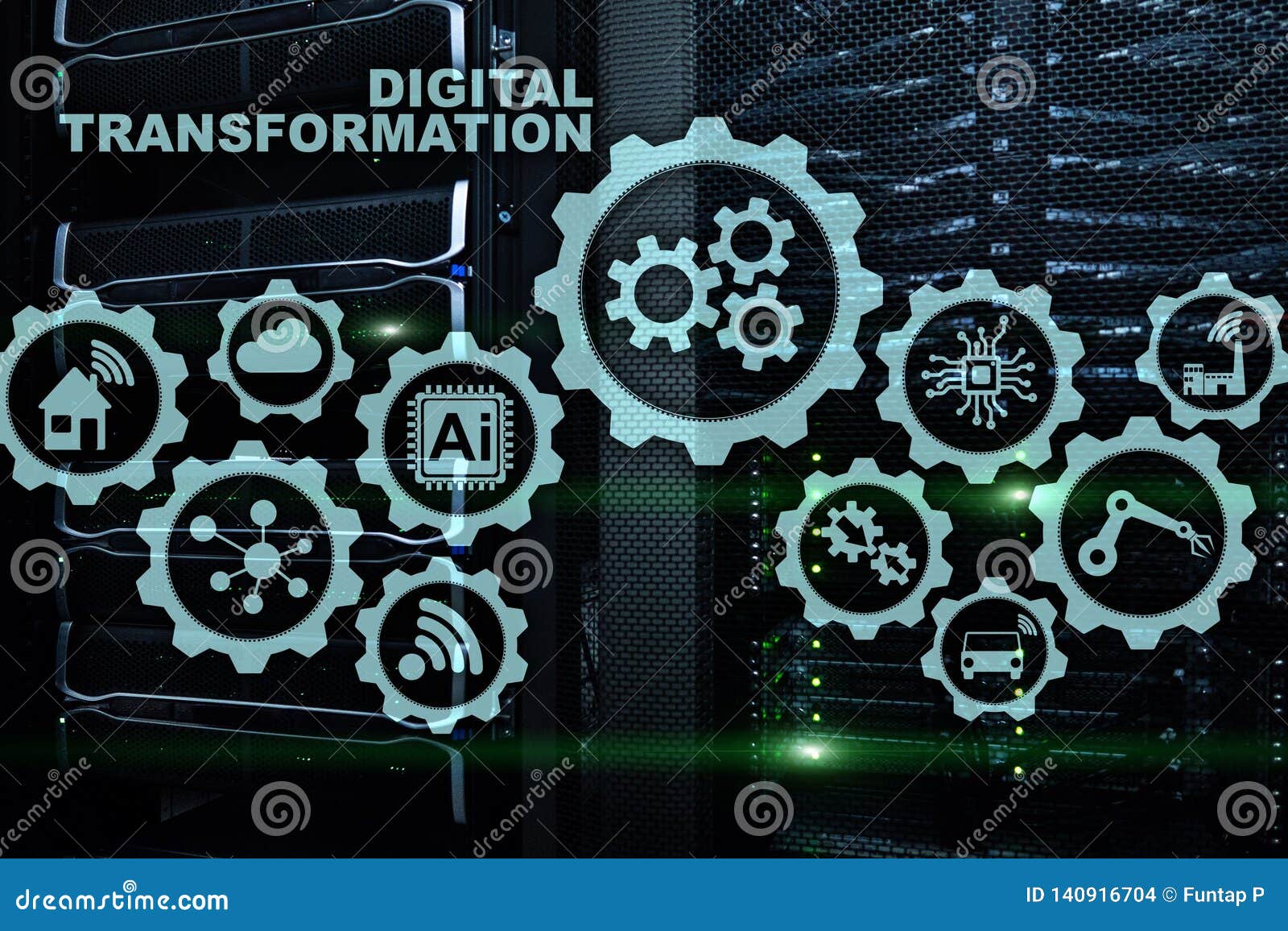 digital transformation concept of digitalization of technology business processes. datacenter background