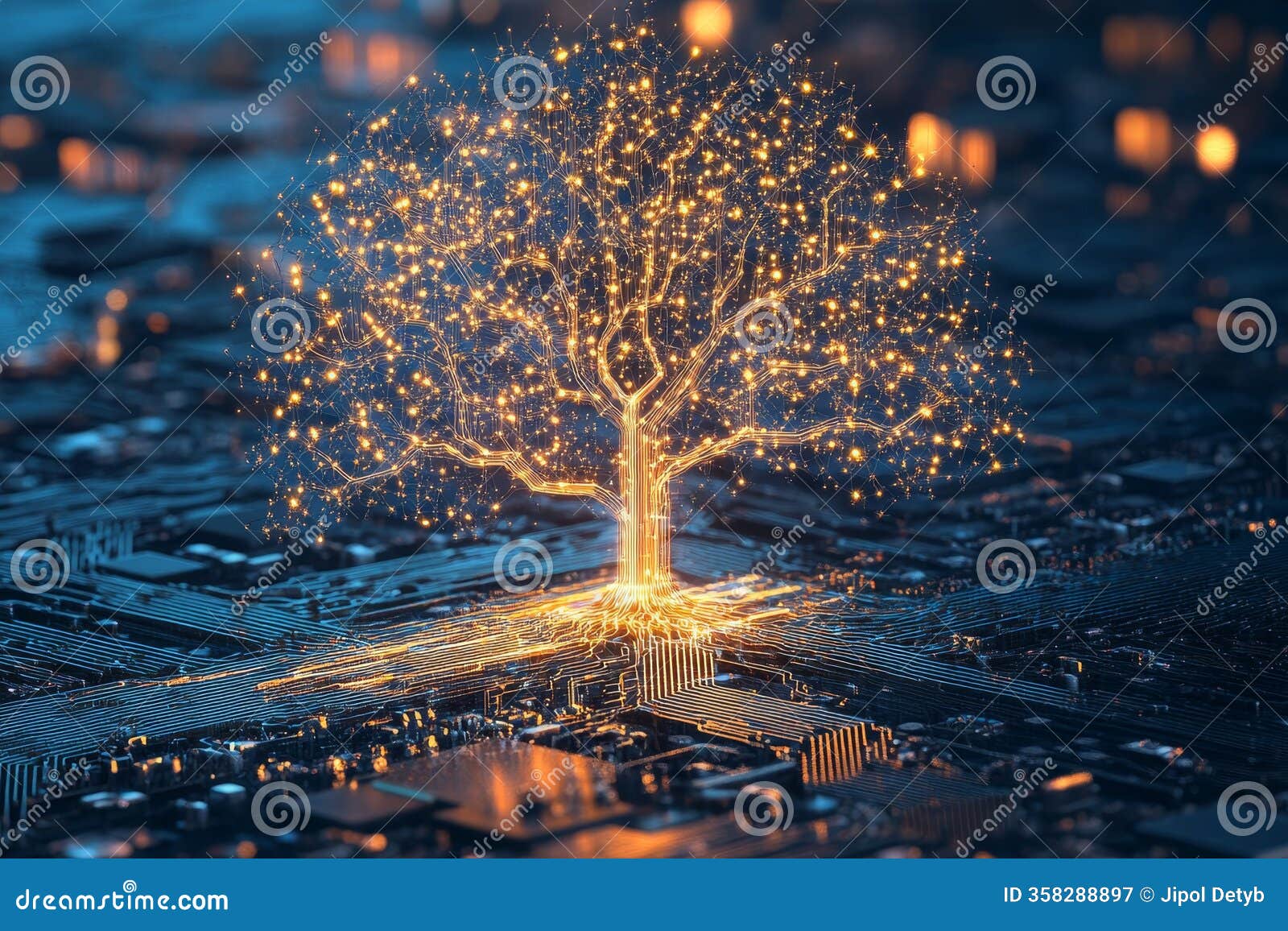 digital tree with branching circuitry emerging from a microchip.