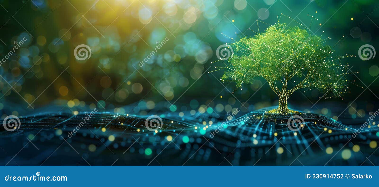 digital tree with glowing nodes and connections, banner with copy space. concept of data visualization, artificial