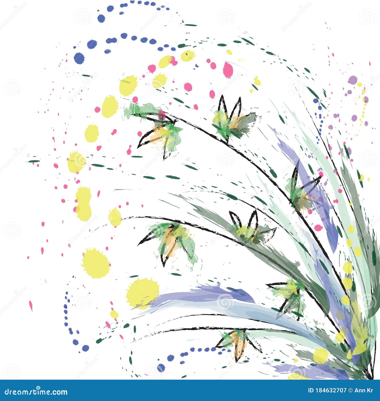 Download Abstract Simple Line Art Doodle Wildflower Or Bamboo In Watercolor Style With Colorful Paint Splashes On White Background Stock Vector Illustration Of Cute Modern 184632707