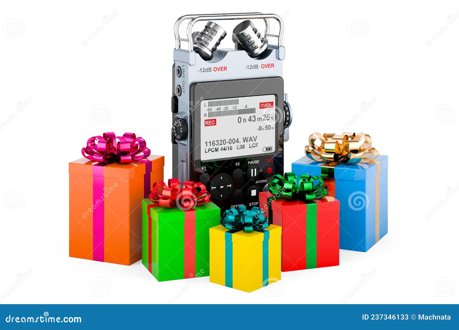 Digital Voice Recorder with Gift Boxes, 3D Rendering Stock Illustration