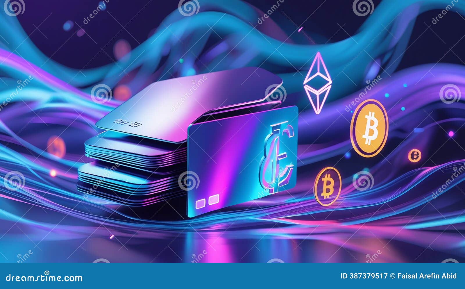 Digital Wallet Displaying Cryptocurrency Symbols Floating with Abstract  Neon Waves Stock Image - Image of cryptocurrency, payment: 387379517