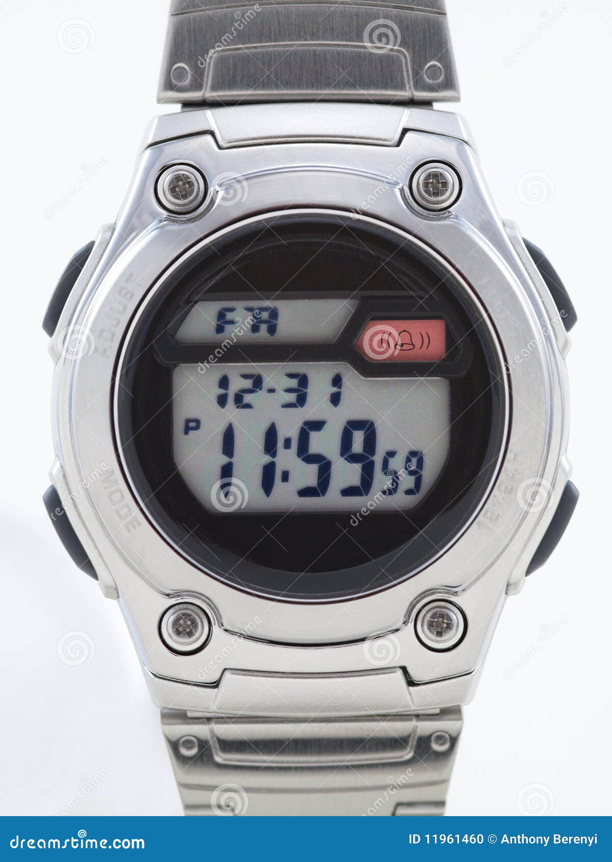 Digital Watch Face Close Up with Red Alarm Stock Photo Image of band