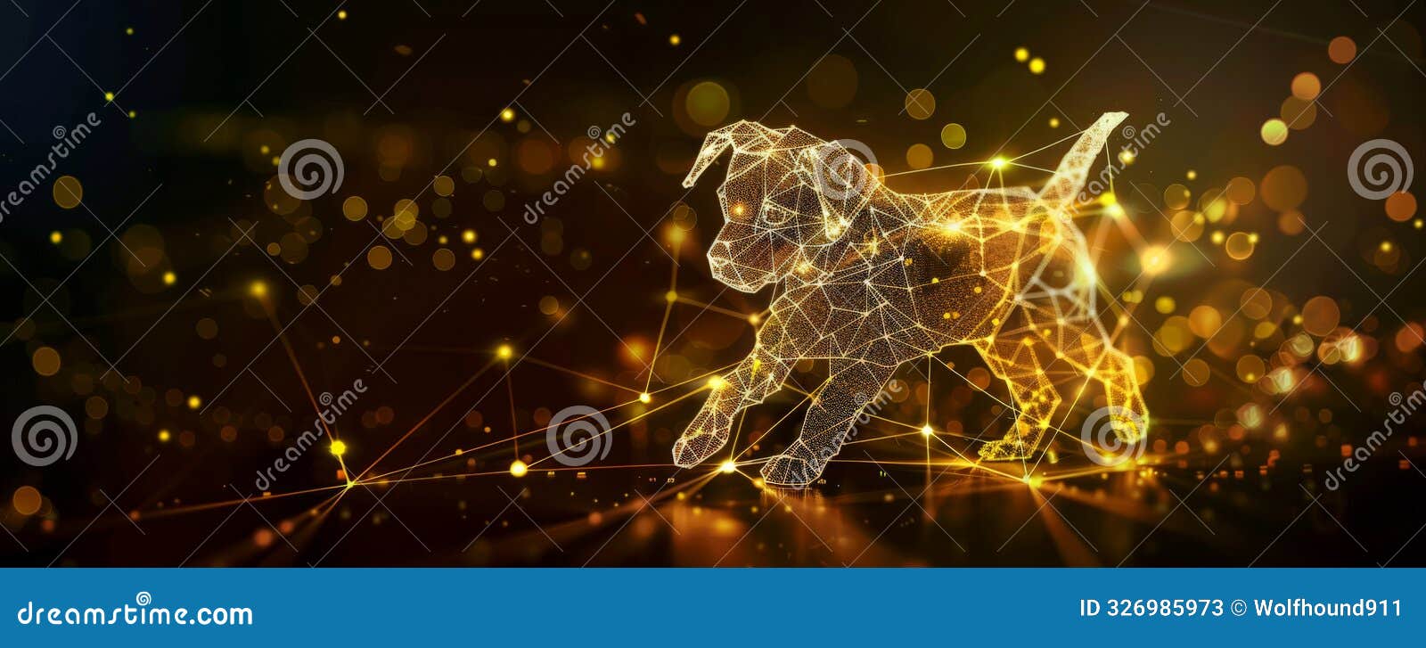 a digital wireframe of a playful puppy, with polygonal s and connecting lines and points