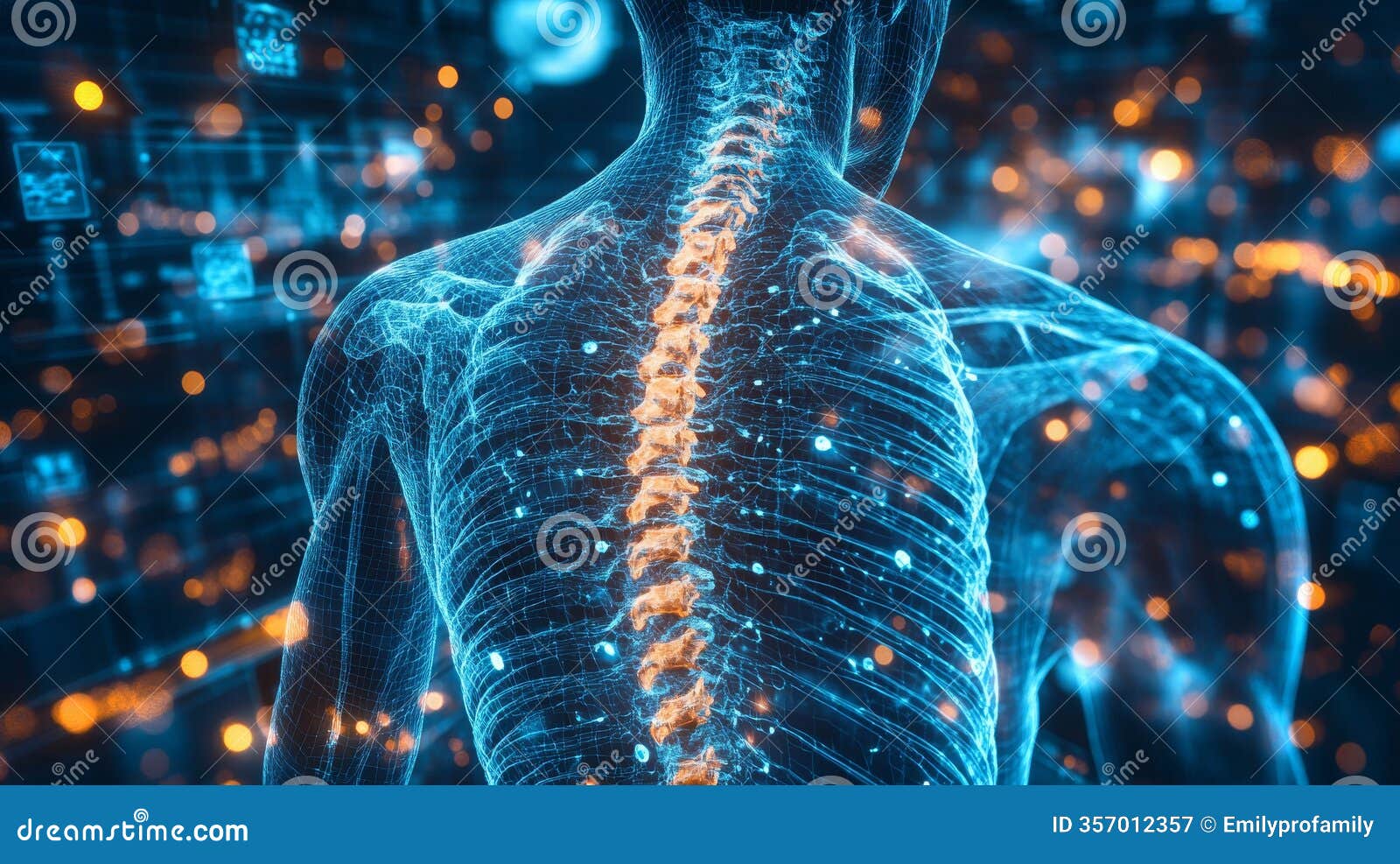 digital x-ray visualization of human torso highlighting spine structure and anatomical details