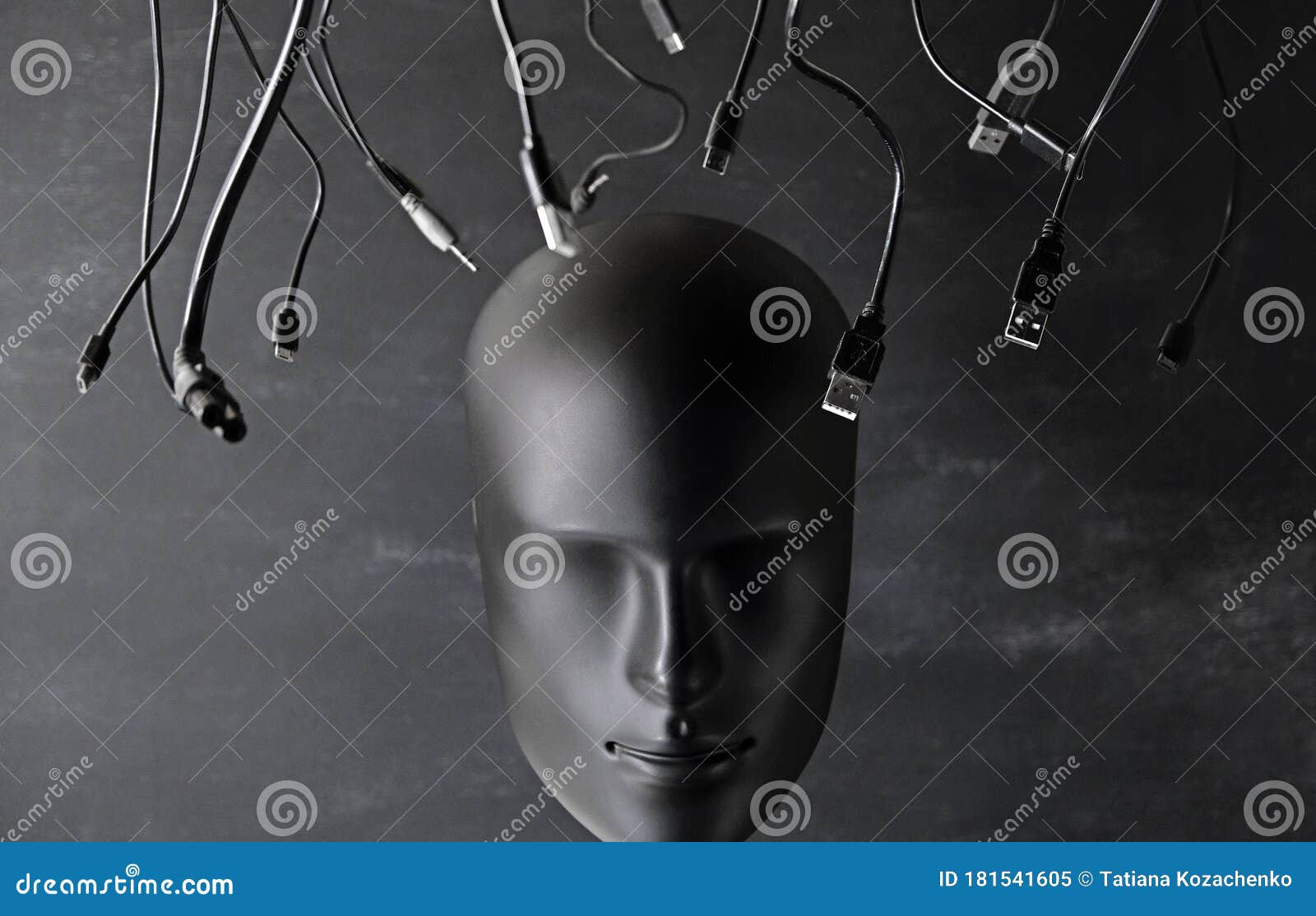 digitalization, chipization, artificial intelligence, futuristic cyborg concept in total black color. depersonalized human robot