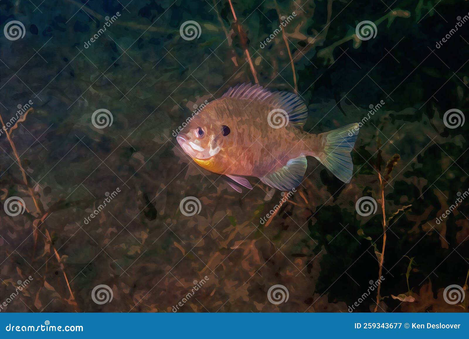 Digitally Created Watercolor Painting of a Male Bluegill Dollar Sunfish in  a Natural Habitat Surrounding Stock Image - Image of technique, life:  259343677
