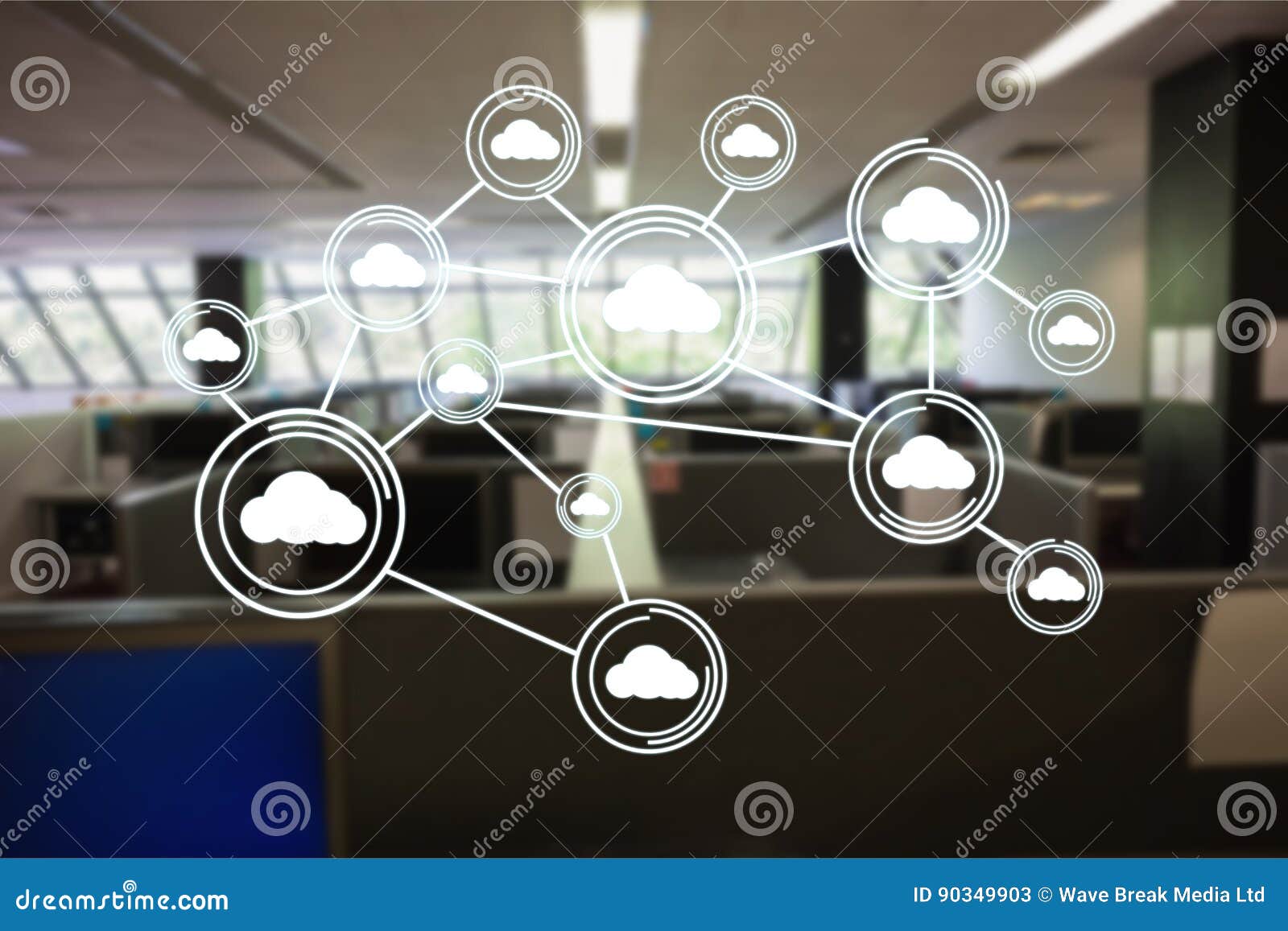 digitally generated image of cloud computing icons in office