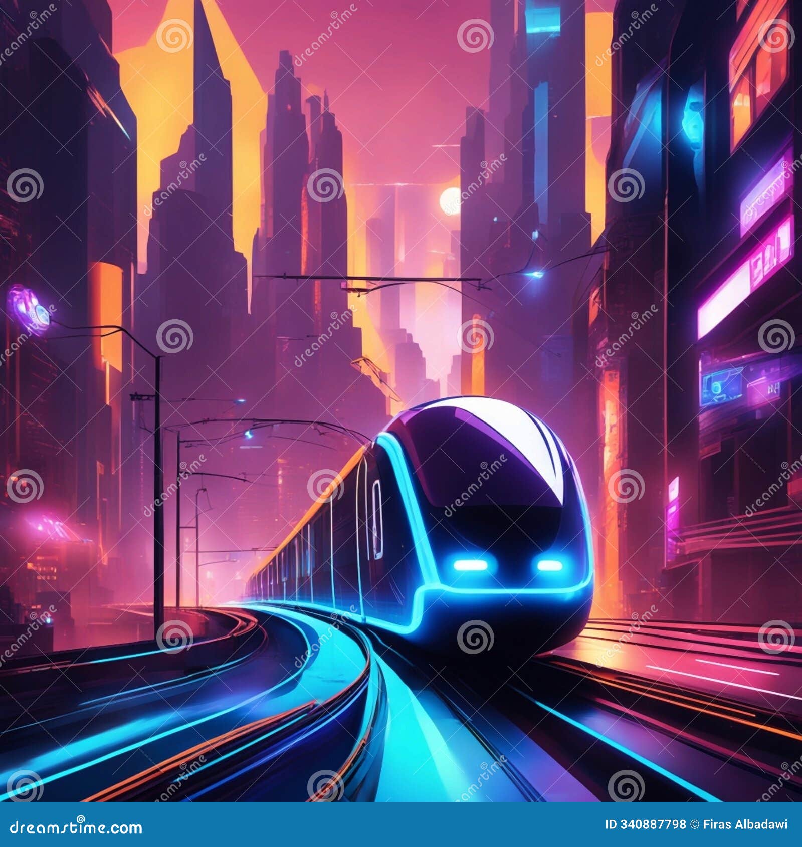 a digitally rendered image of a futuristic city with neon lights and a high-speed train.