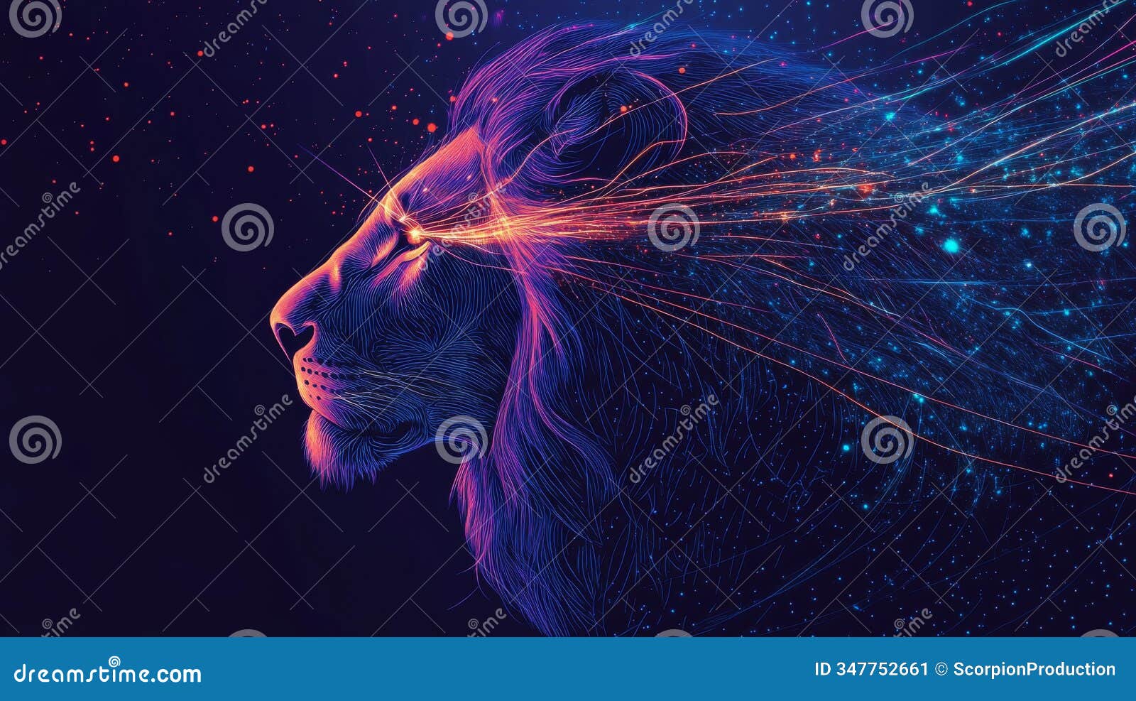 vibrant digital art of a lion's profile with dynamic neon streaks