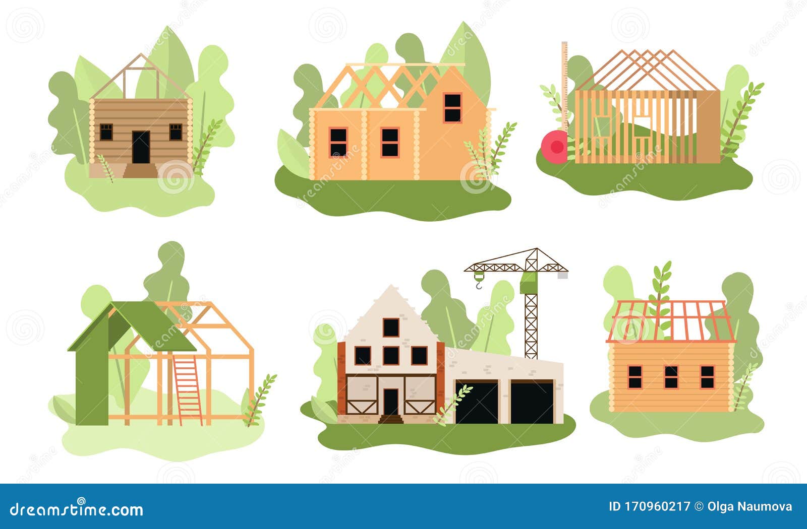 Diifferent Stages Of Wooden House Construction In Process Vector diifferent-stages-of-wooden-house-construction-in-process-vector