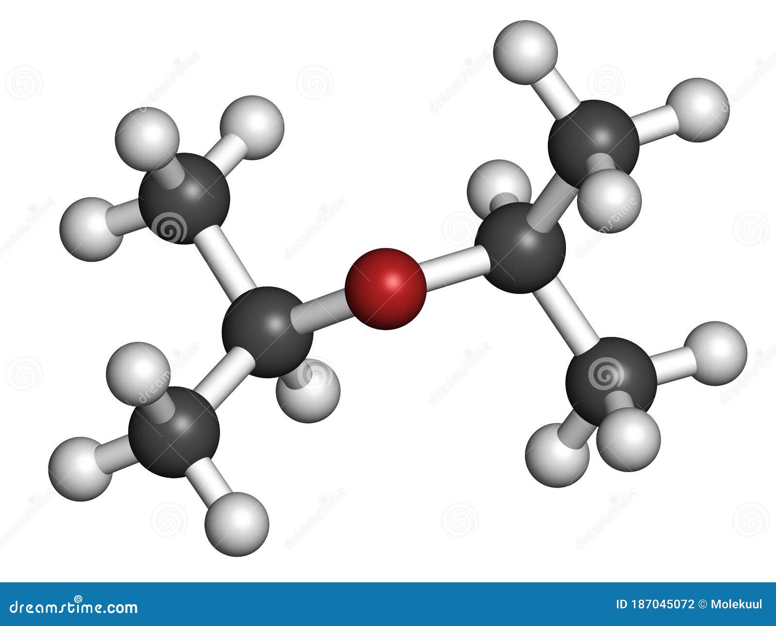 diisopropyl ether chemical solvent molecule. atoms are represented as spheres with conventional color coding: hydrogen (white),