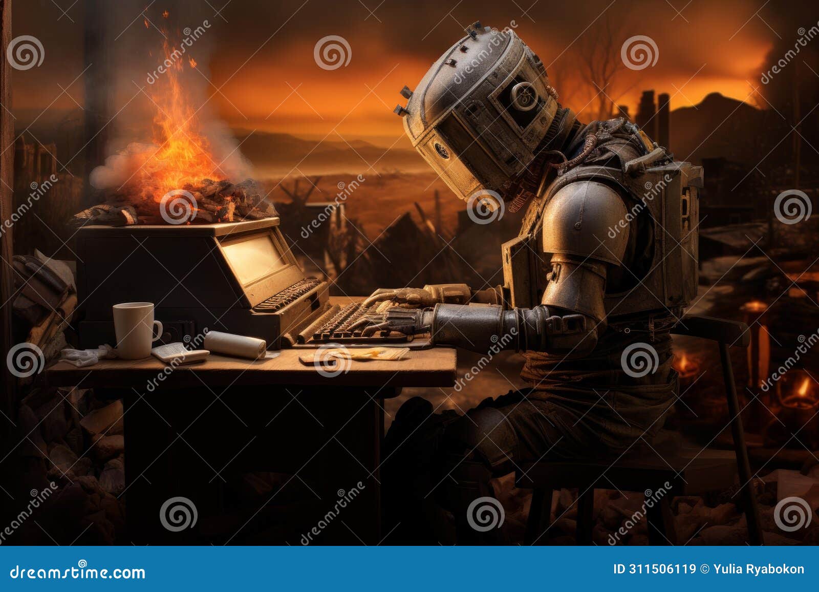 diligent medieval robot redactor working at typewriter. generate ai