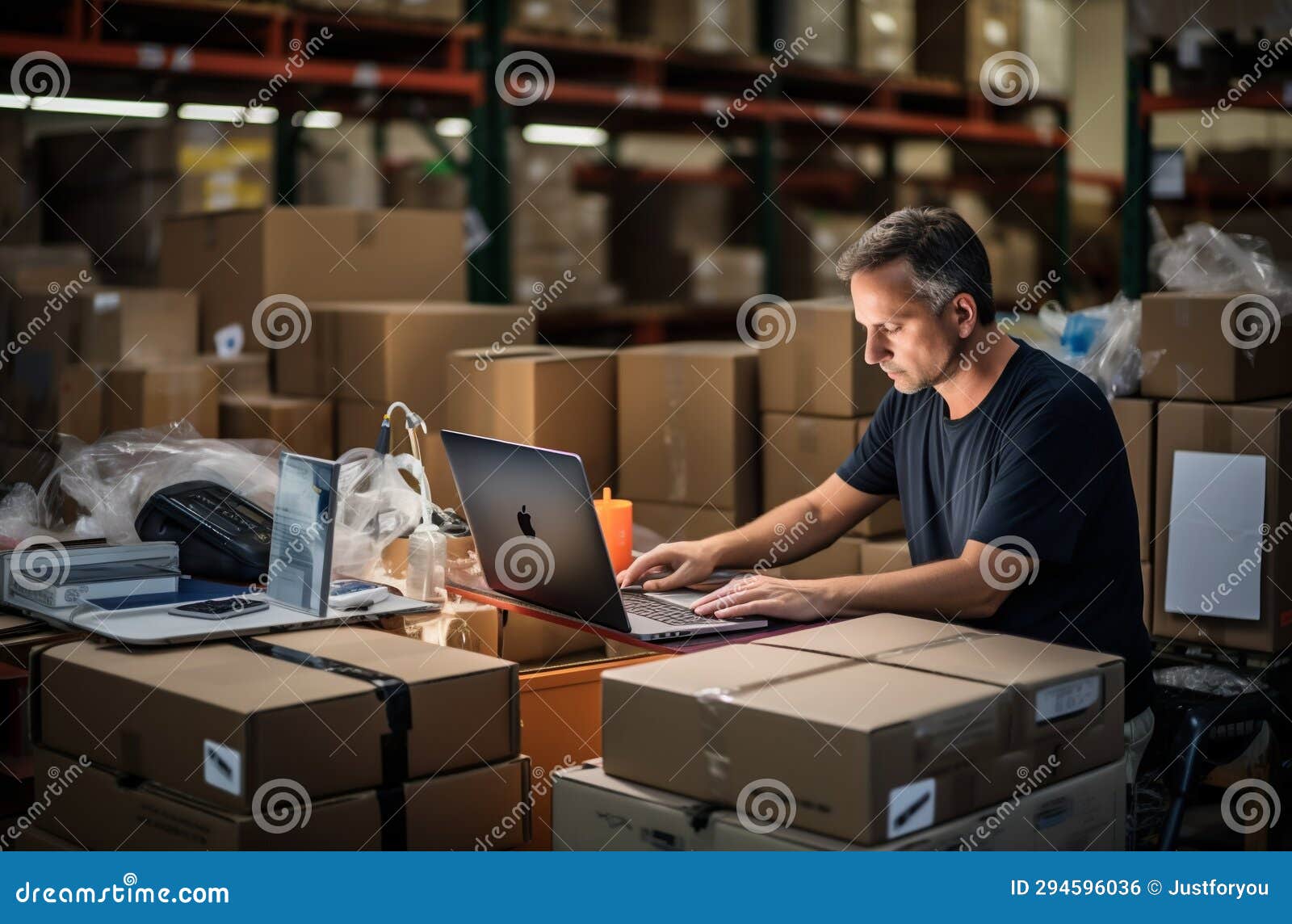 Diligent Worker Packaging Online Orders in a Warehouse. Generative Ai