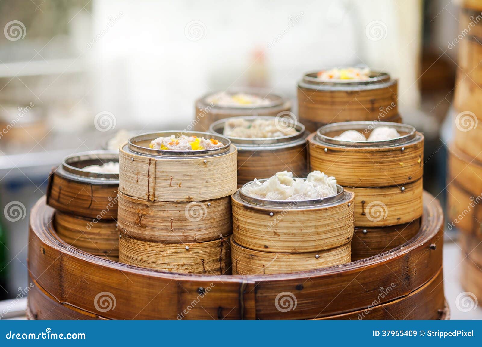 dim sum steamers at a chinese restaurant, hong kong
