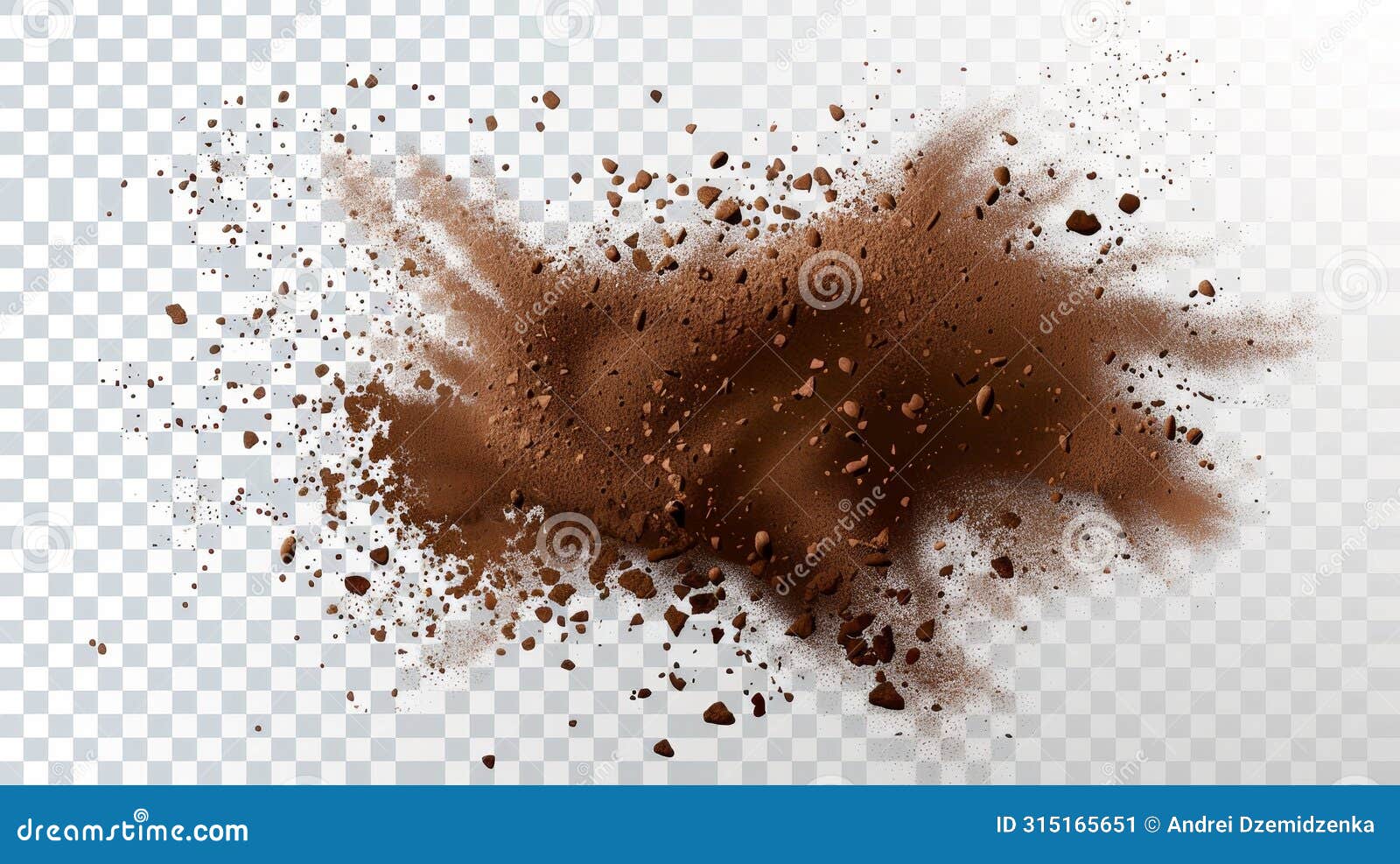 3 dimensional arabica granule explosion . realistic caffeine grainy stroke  template with flying cocoa