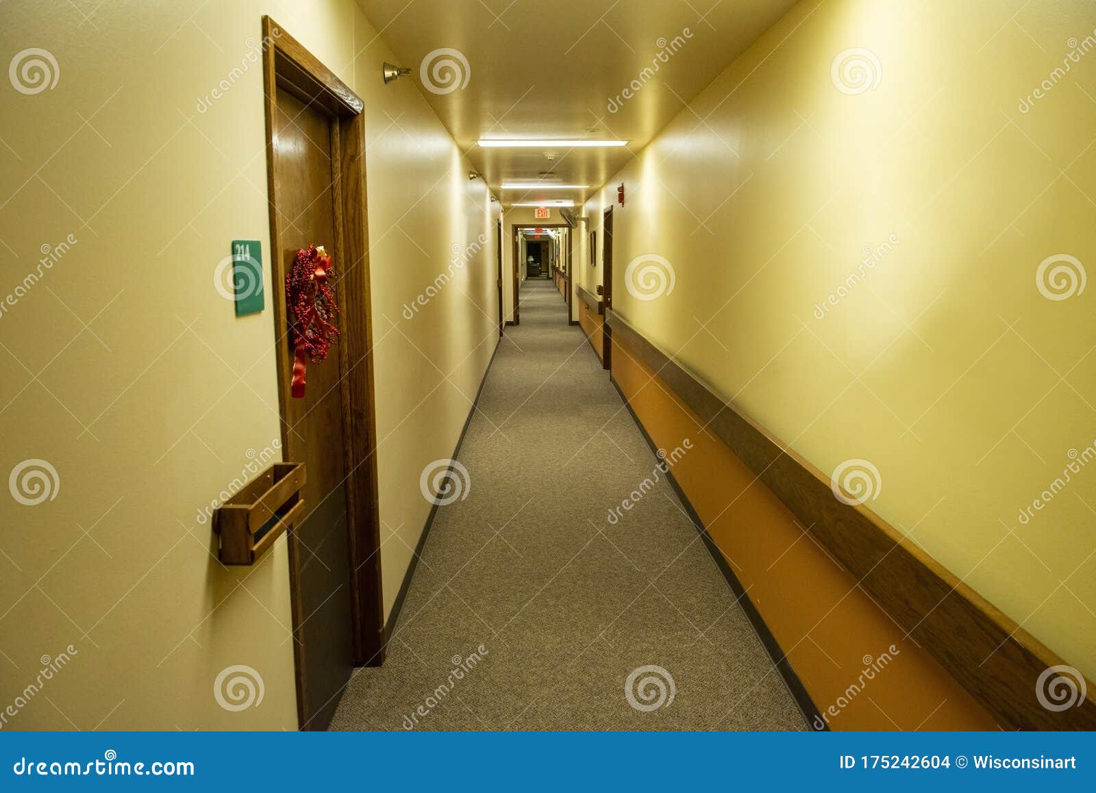 dimly lit apartment hallway, nursing home