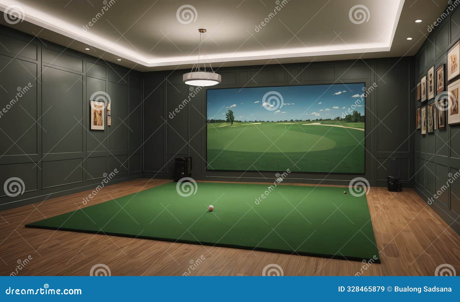 dimly lit room with large screen displaying golf course, featuring green carpet, wooden floor, and framed