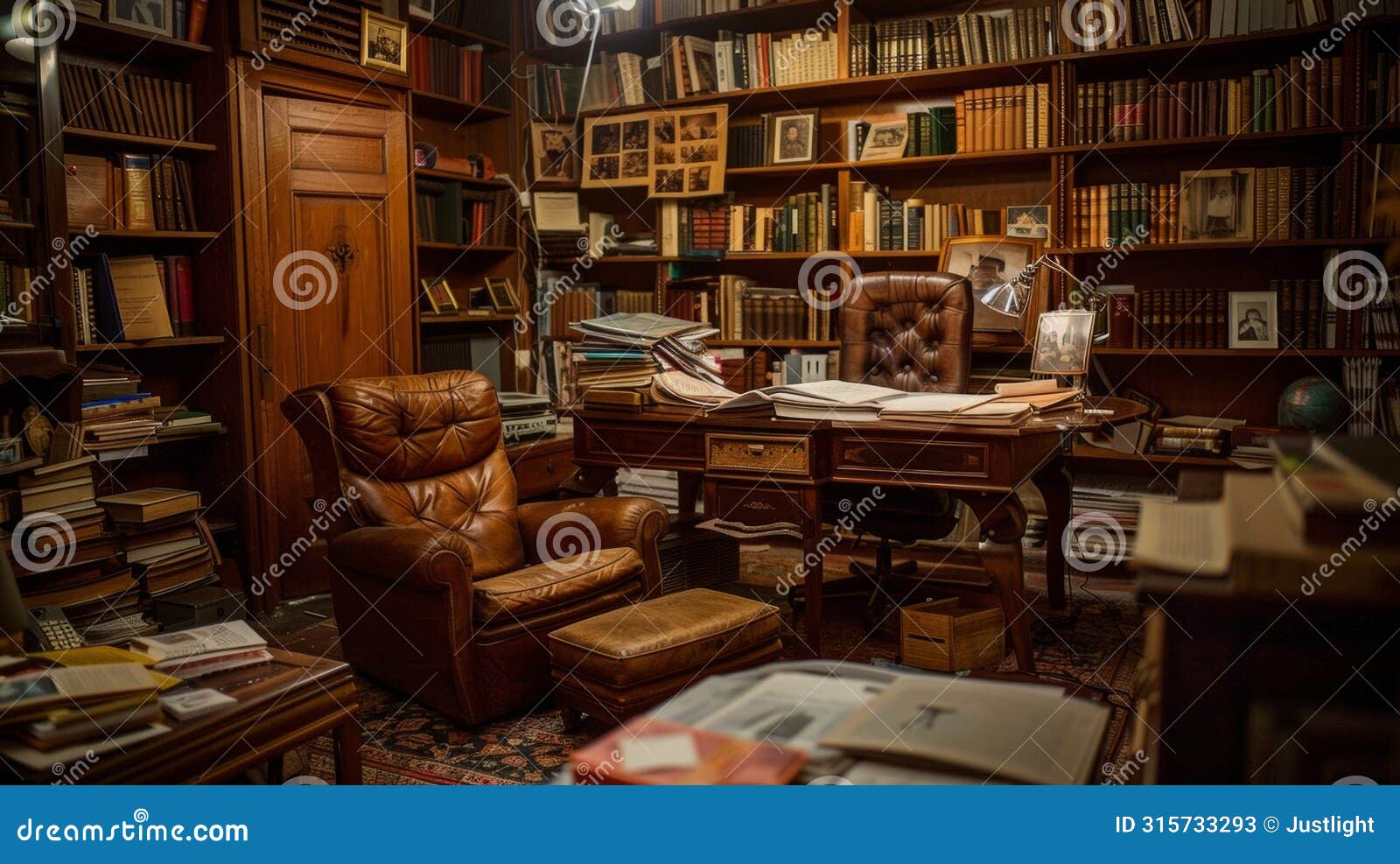 a dimlylit room with a leather armchair a bookshelf filled with journals and memoirs and a desk covered with letters and