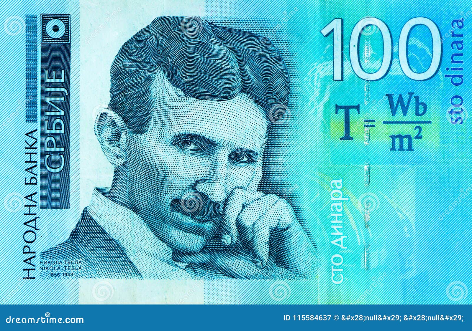 塞尔维亚100第纳尔纸币，特写。塞尔维亚货币RSD第纳尔，微距视图，科学家尼古拉·特斯拉的肖像库存图片- 图片包括有特斯拉, 科学: 115584637