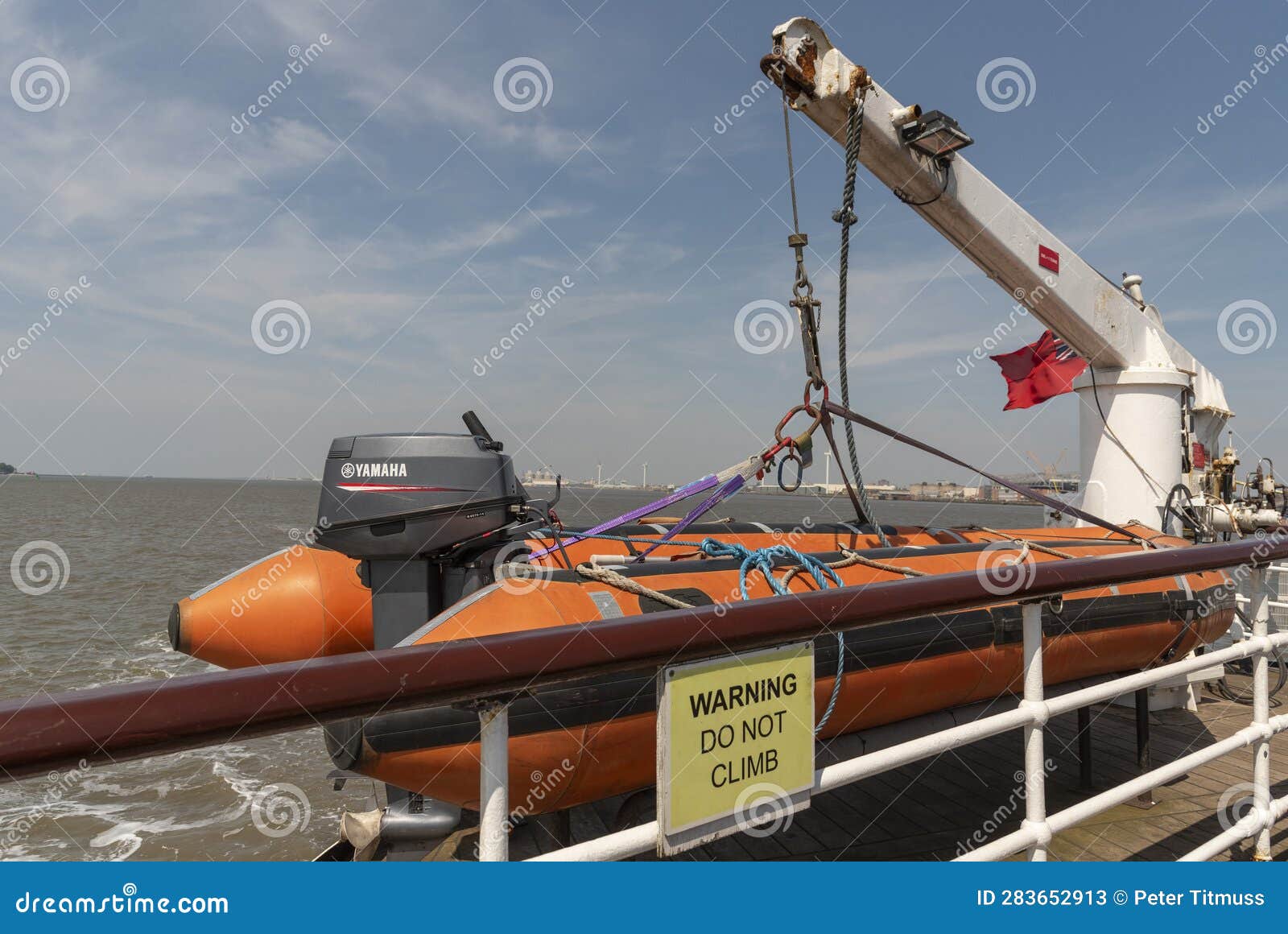 Dinghy and Outboard Engine, Safety Equipment Stowed on Deck of a Mersey