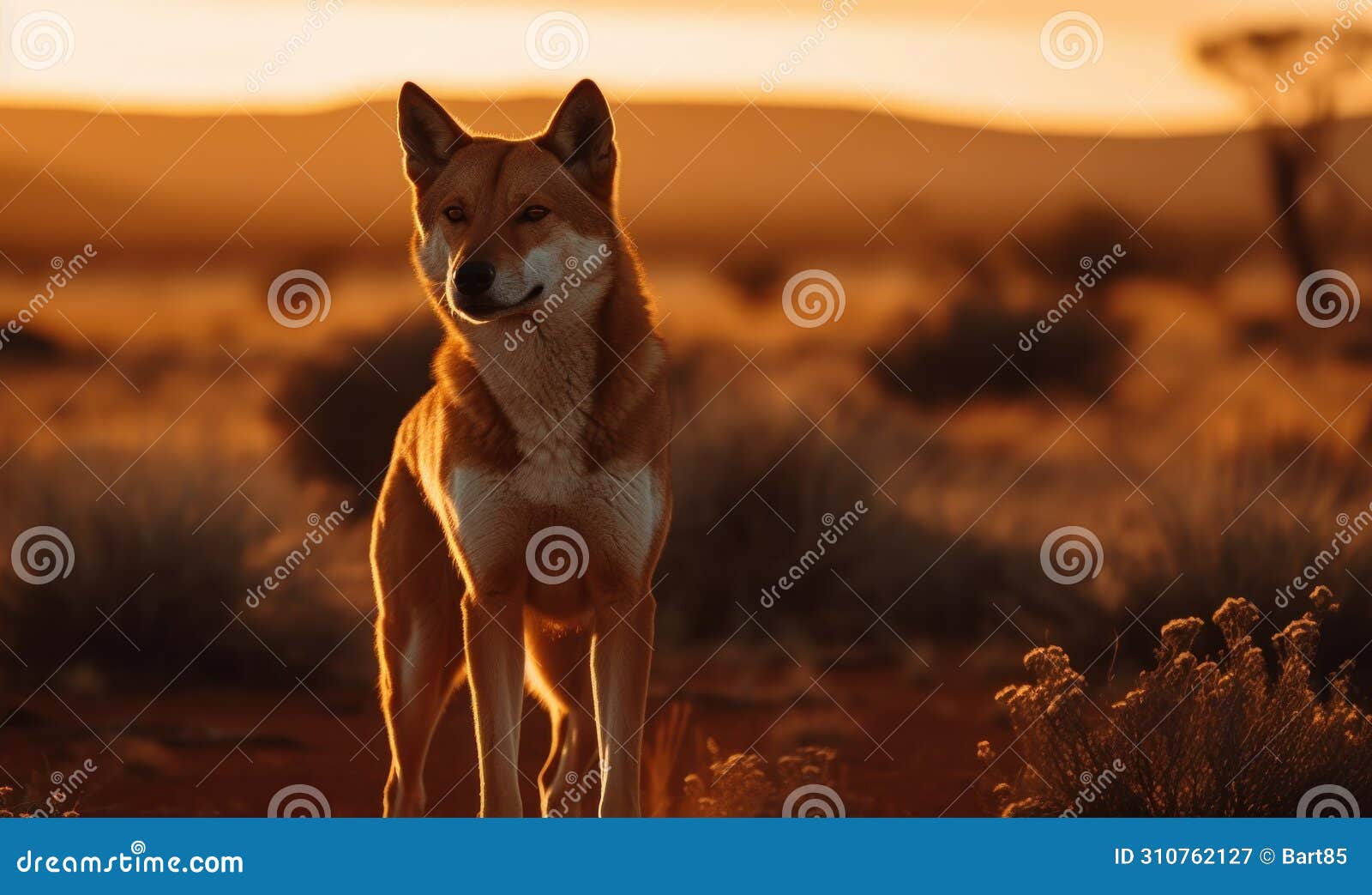dingo warrigal in sleek form in a quintessential australian outback landscape basking in warm glow of setting sun. rugged terrain