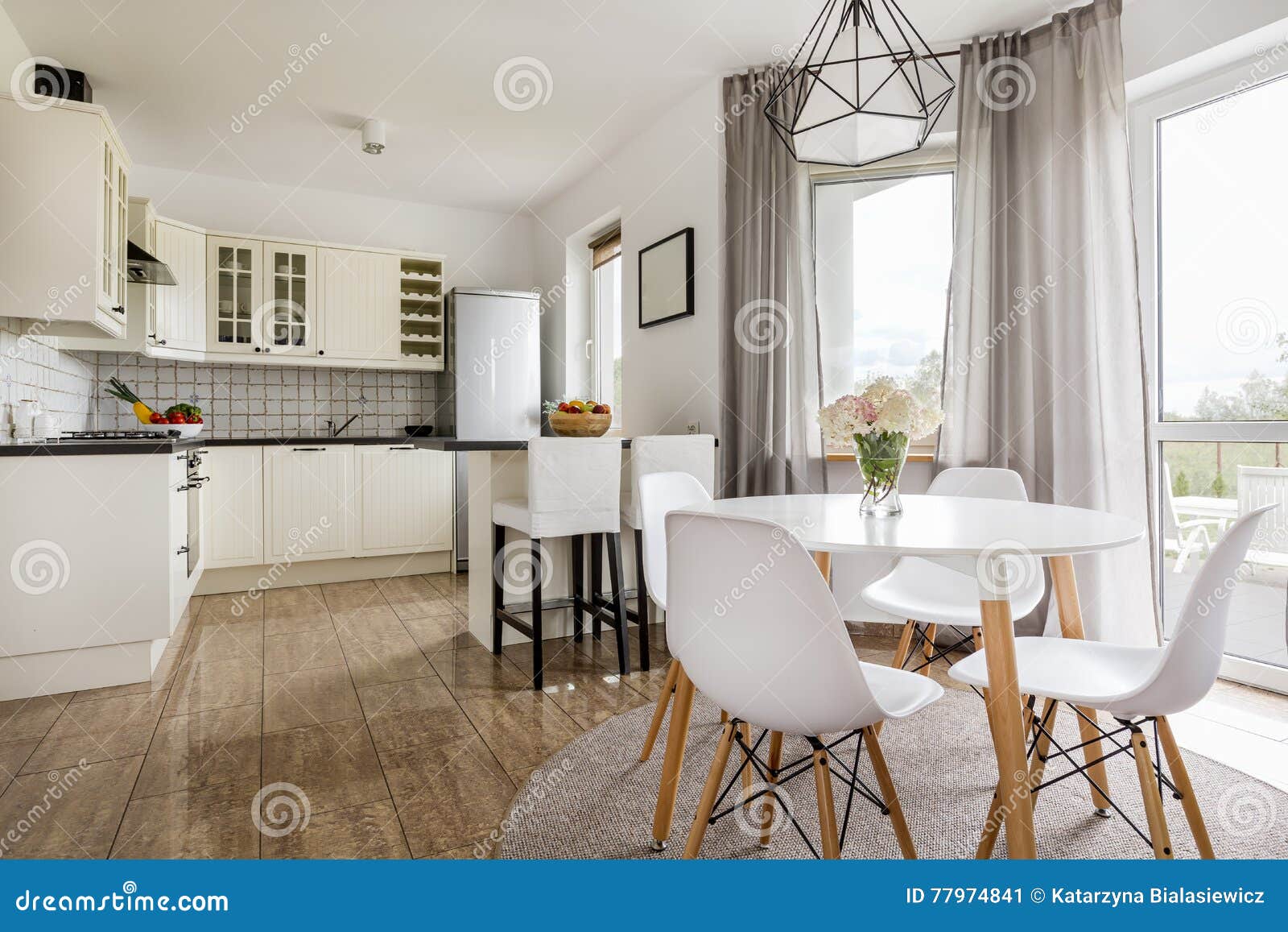 Dining Area and Kitchen Combined Stock Image Image of flat, curtains