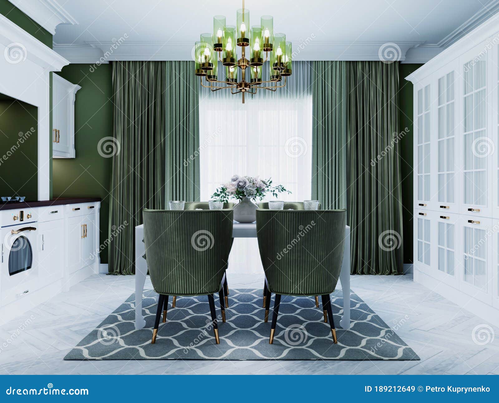 Dining Area in the Kitchen with a White Dining Table and Green Chairs