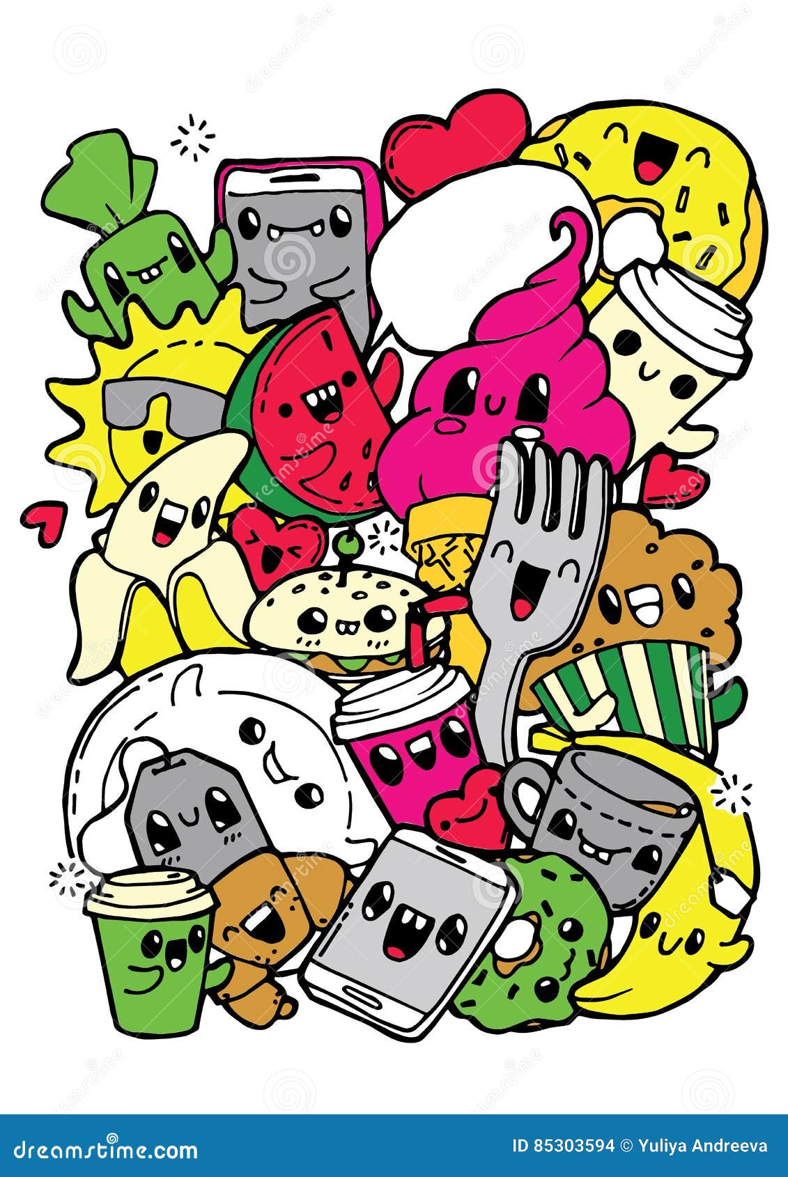 Dining Food Doodles. Coloring Pages For Kids Stock Vector