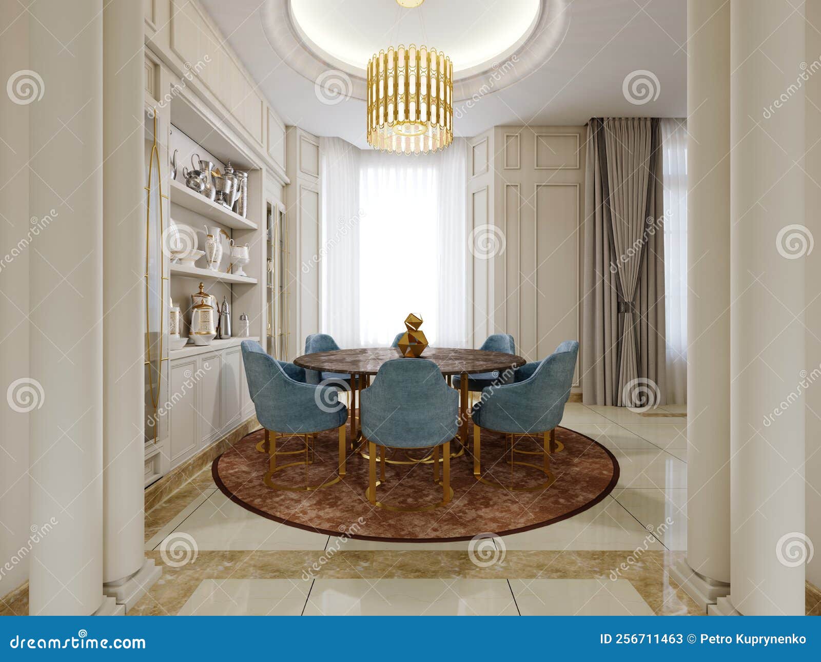 Dining Room with Brown Round Table and Blue Upholstered Chairs and