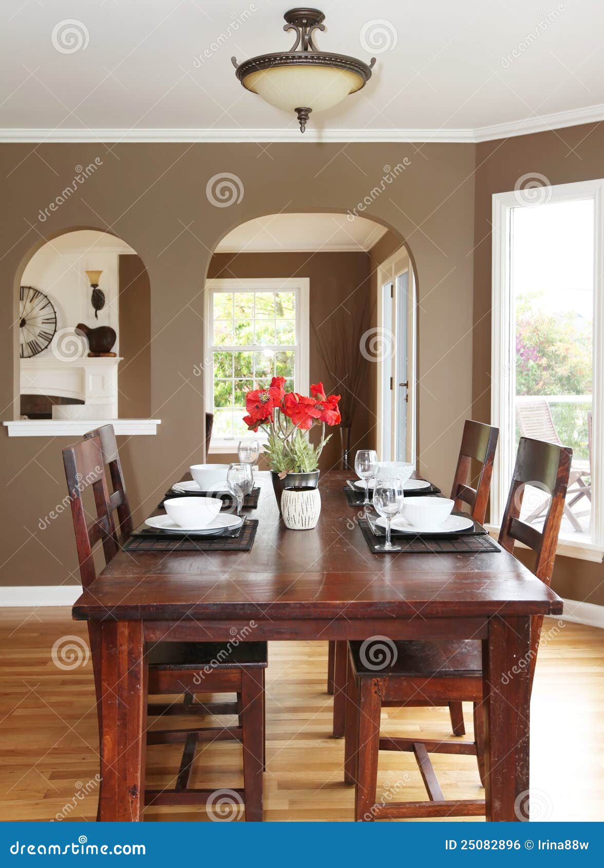 Dining Room with Brown Walls and Wood Table. Stock Photo Image of furniture, empty 25082896