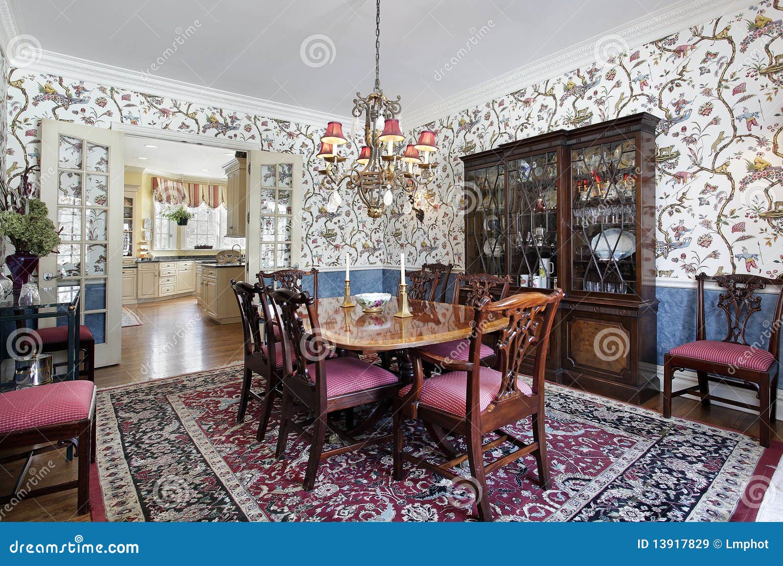 Dining Room with Floral Wallpaper Stock Image - Image of architecture