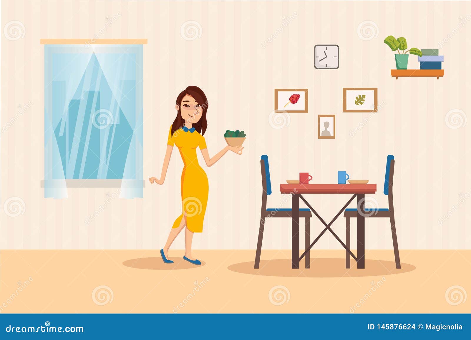 Dining Room Interior with Dinner Table, Chairs, Window with Cityscape. Woman Holding Salad Bowl Stock Vector - Illustration of decor, architecture: 145876624 Dining Room Interior with Dinner Table, Chairs, Window with Cityscape. Woman Holding Salad Bowl Stock Vector - Illustration of decor, architecture: 145876624
