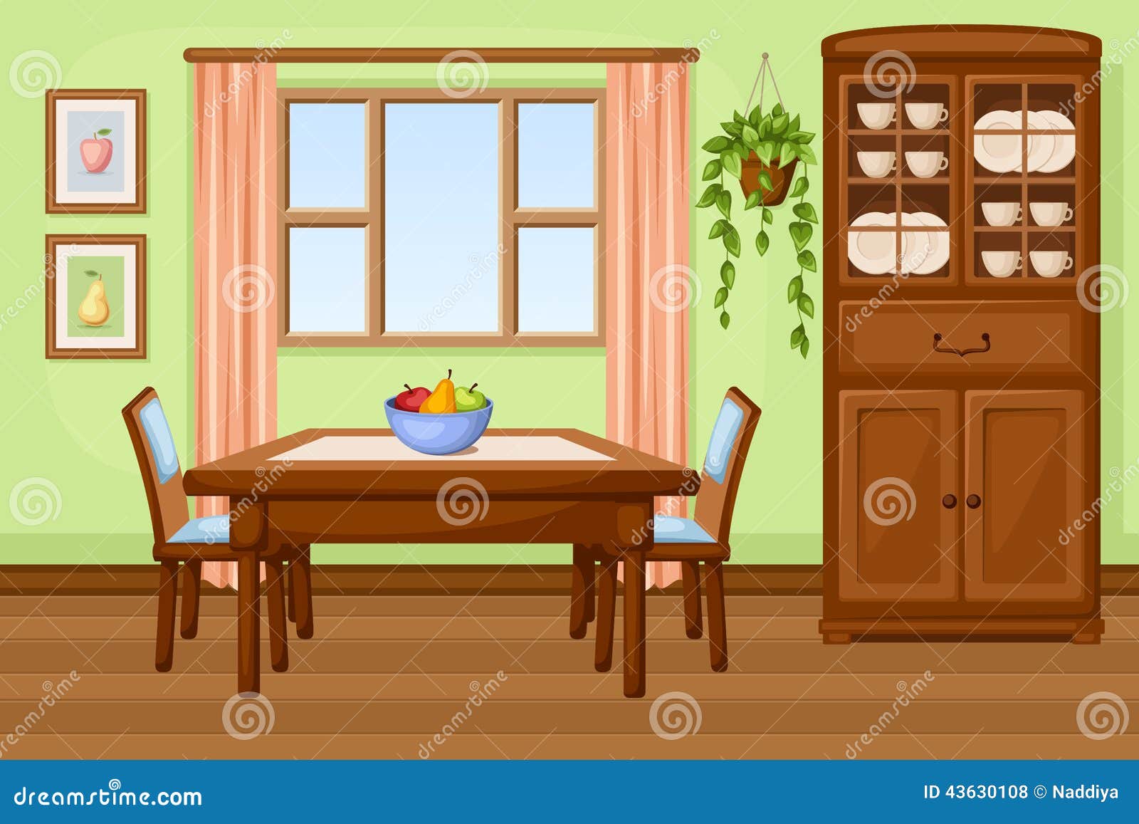 dining room interior with table and cupboard.  .