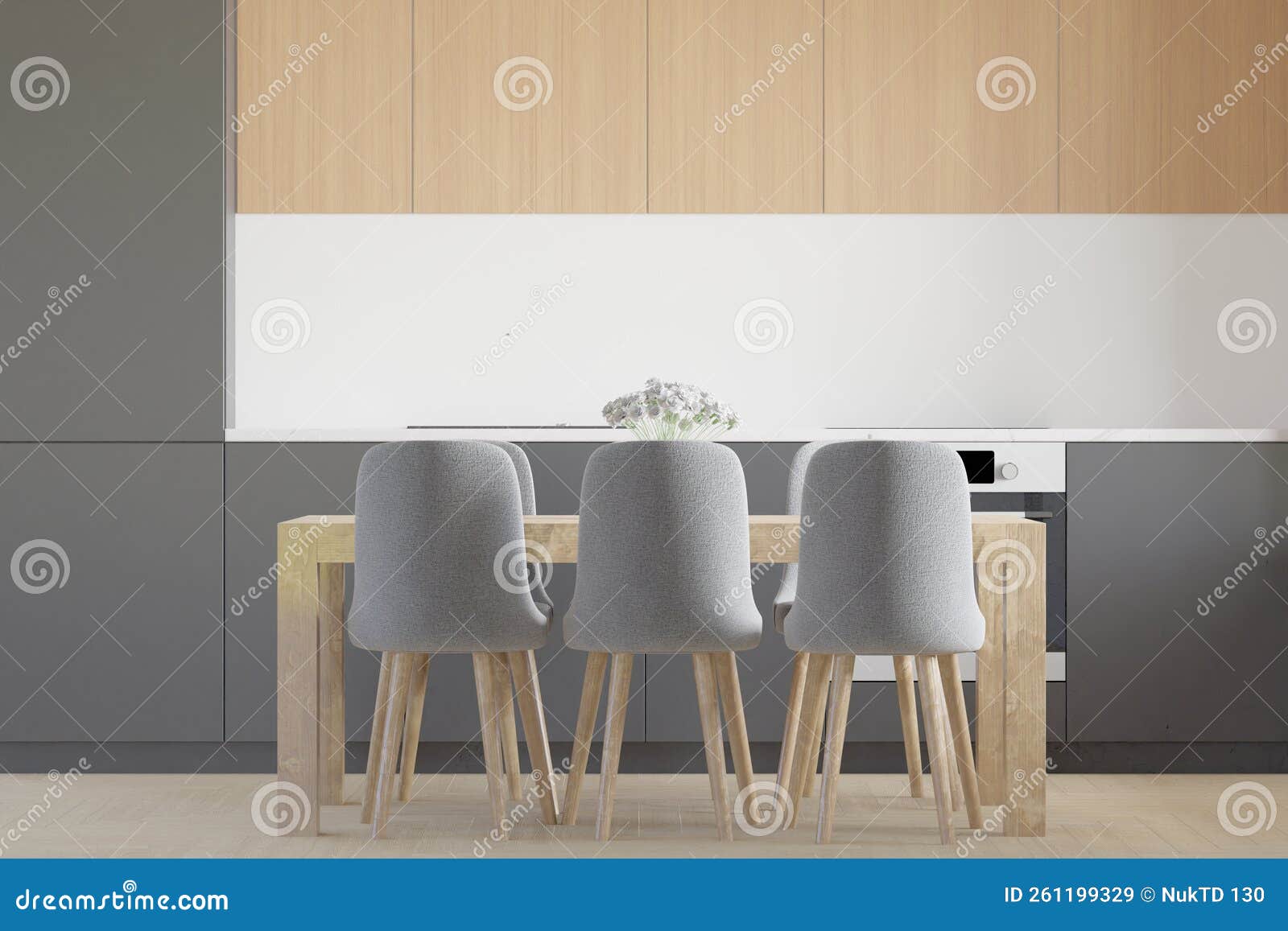 Dining Room and Kitchen Copy Space on White Background, Front View