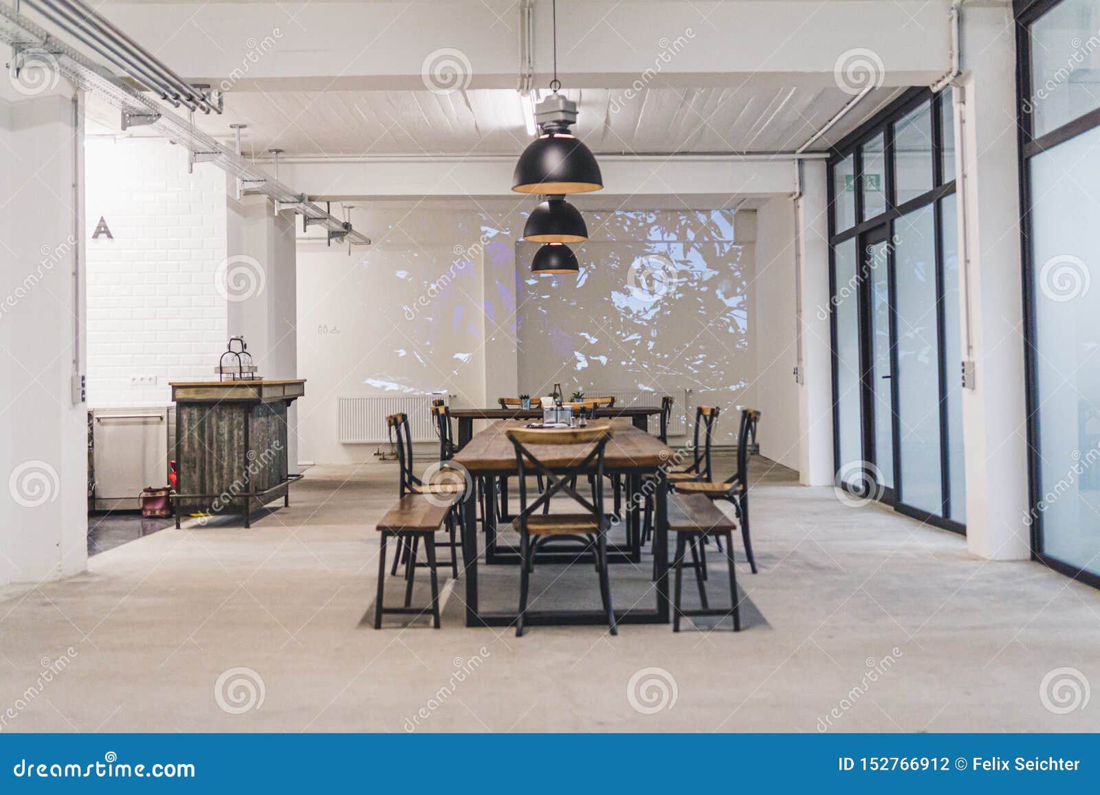Dining Room Of A Modern Office With Industrial Tables And Chairs Stock Photo Image Of Indoors Dark 152766912