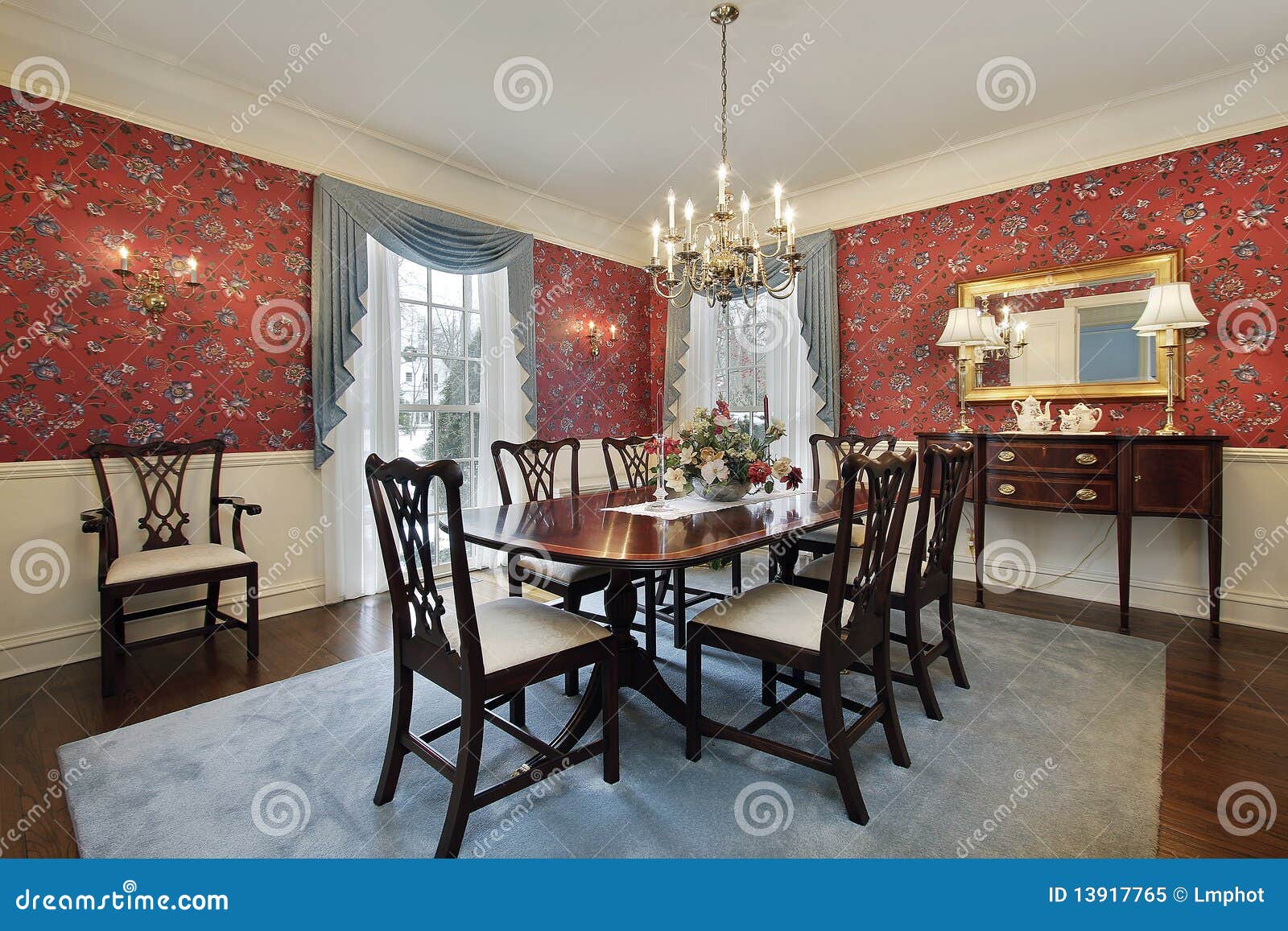 Dining Room with Red Floral Wallpaper Stock Image Image of carpet